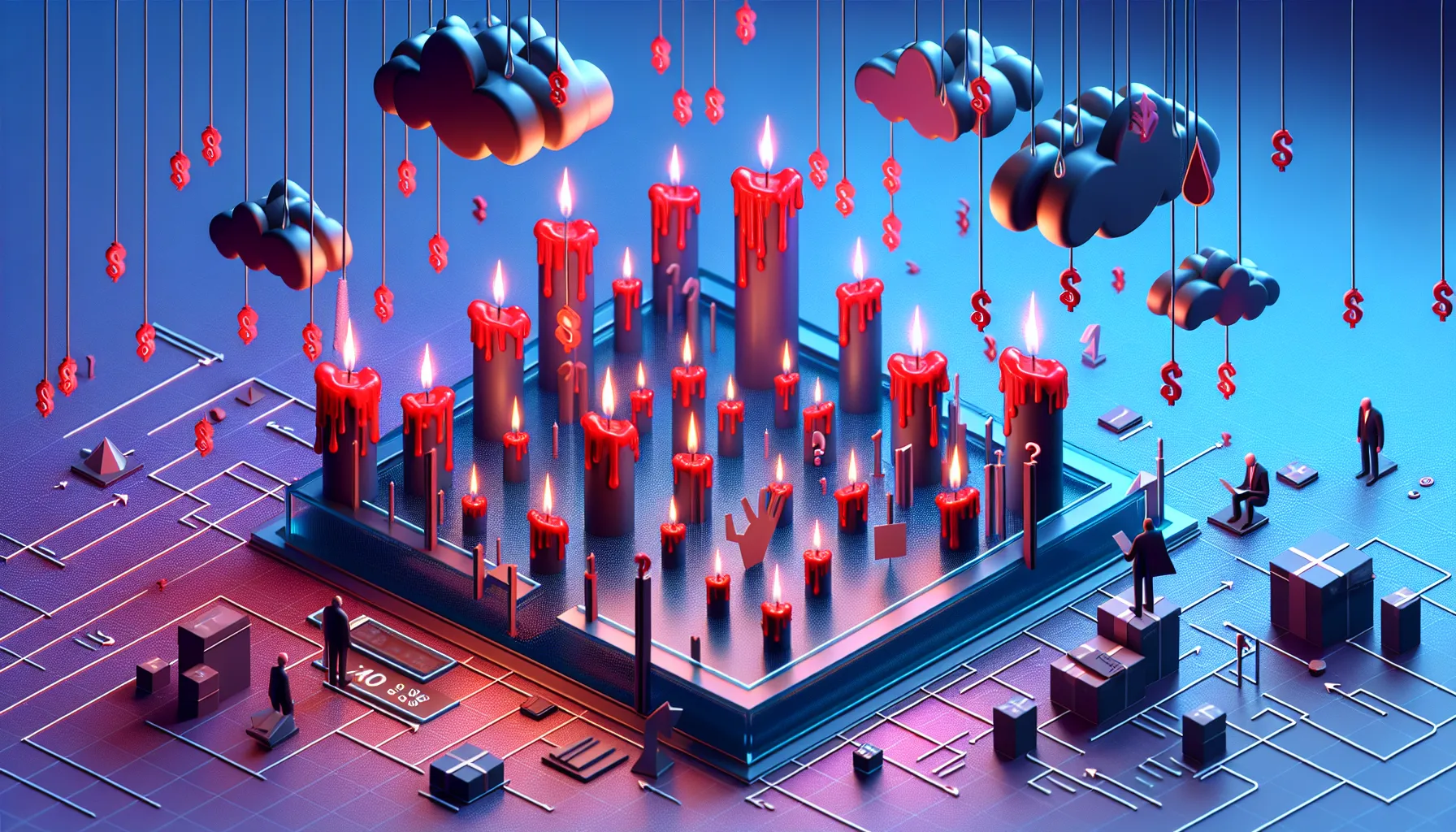 Red candles rain from dark clouds as arrows; worried investors with 'HOPE' umbrellas, blue-purple gradient, question marks float.