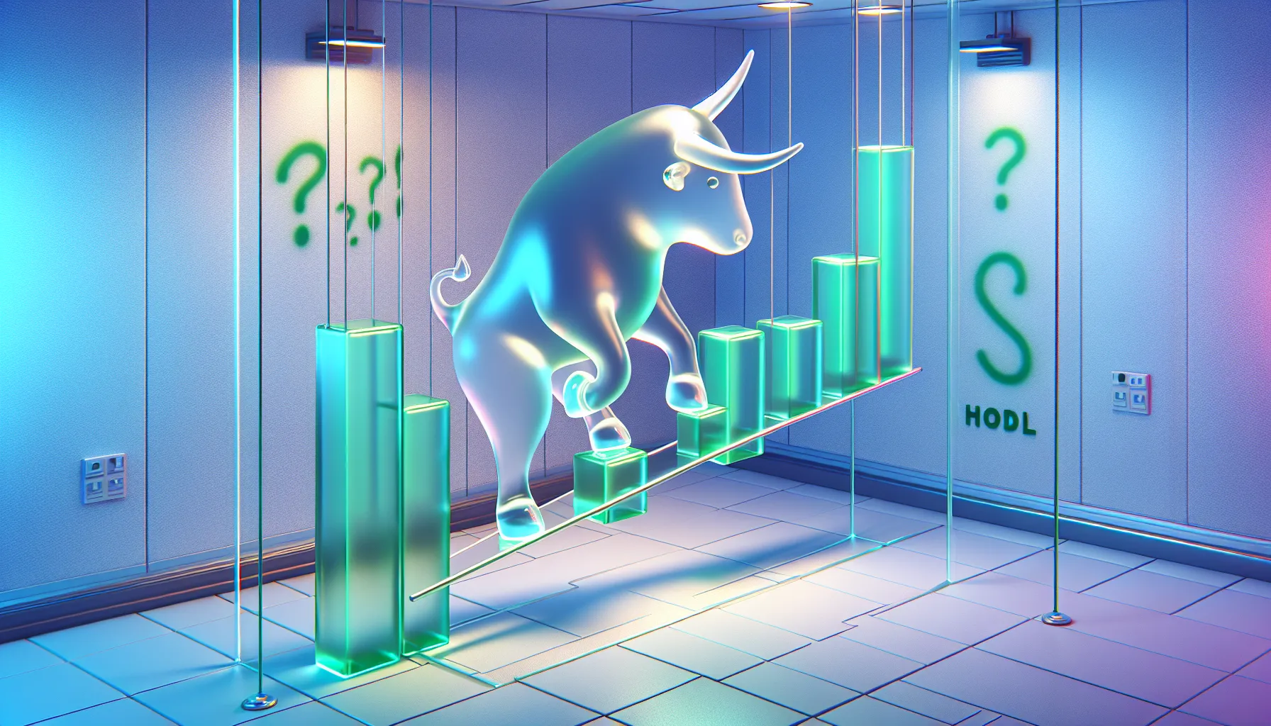 Nervous glass bull on tightrope of green chart lines, blue-purple gradient, floating question marks, 'HODL' graffiti.