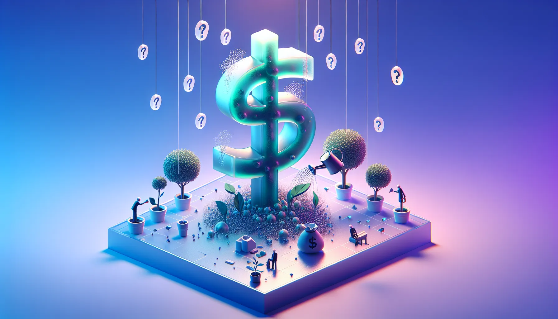 3D digital art in glassmorphism style with satirical financial elements. Translucent materials, frosted glass, soft neon lighting, clean composition, 8k resolution, isometric view. Main subject: A wrecking ball made of red candles demolishing a tower labeled 'ALL TIME HIGHS', debris floating in slow motion. Atmosphere: Blue-purple gradient, balanced lighting, floating question marks in distance, uncertainty mood, waiting room aesthetic. Subtle detail: tiny 📄 paper hands emoji barely visible in corner. Satirical but professional, financial humor without being cartoonish.
