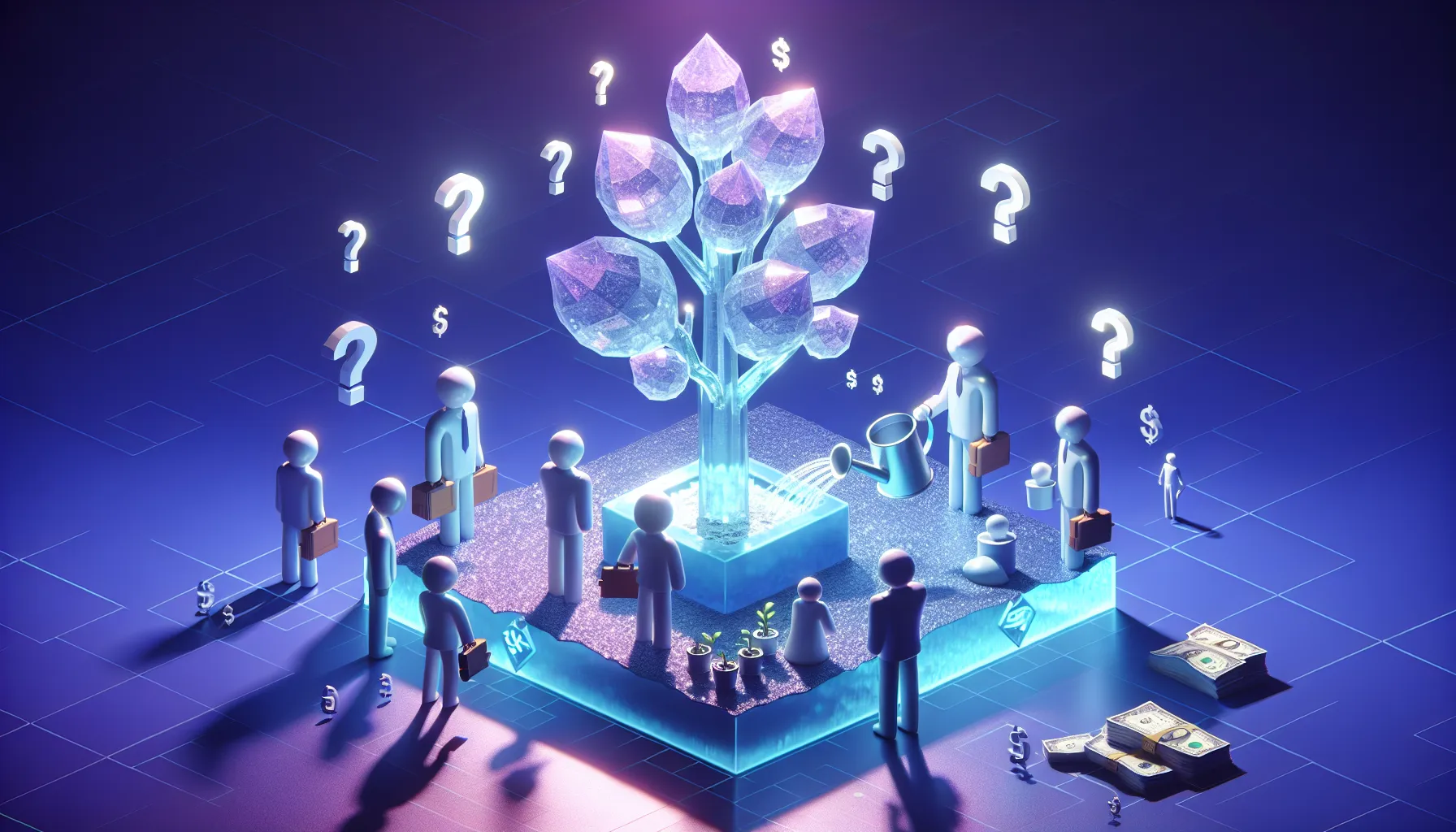 Crystal money tree with cracks, retail investors watering, blue-purple gradient, floating question marks, Elon silhouette on hill.