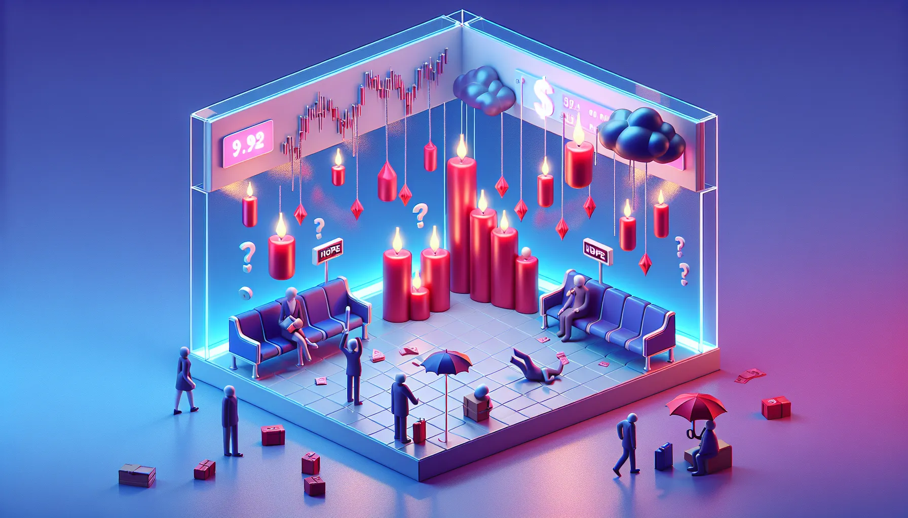 Red candles rain from dark clouds, tiny investors with 'HOPE' umbrellas; blue-purple gradient, floating question marks.
