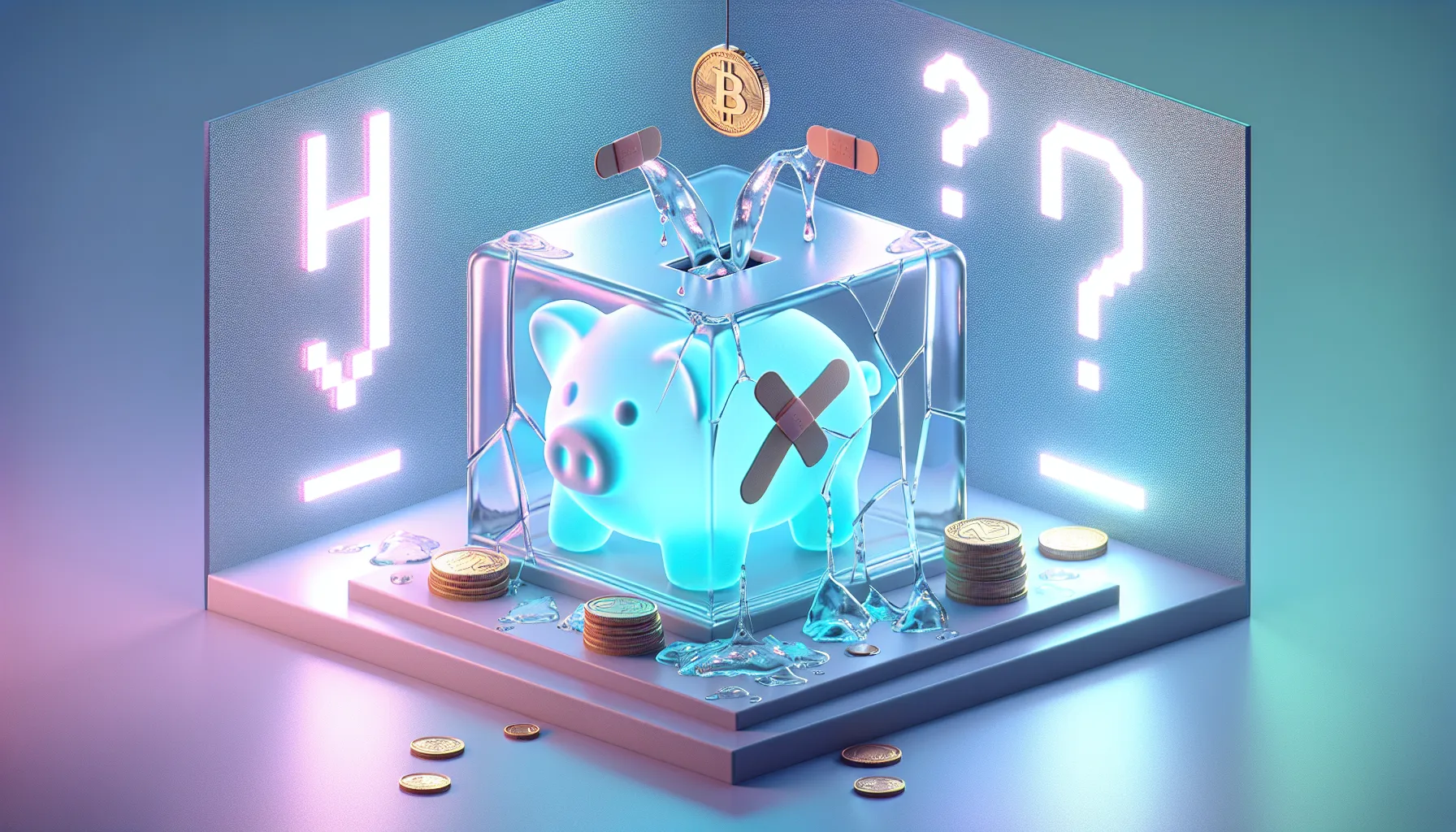 Glass piggy bank with cracks and coins leaking, band-aids applied, blue-purple gradient, floating question marks, 'HODL' graffiti.