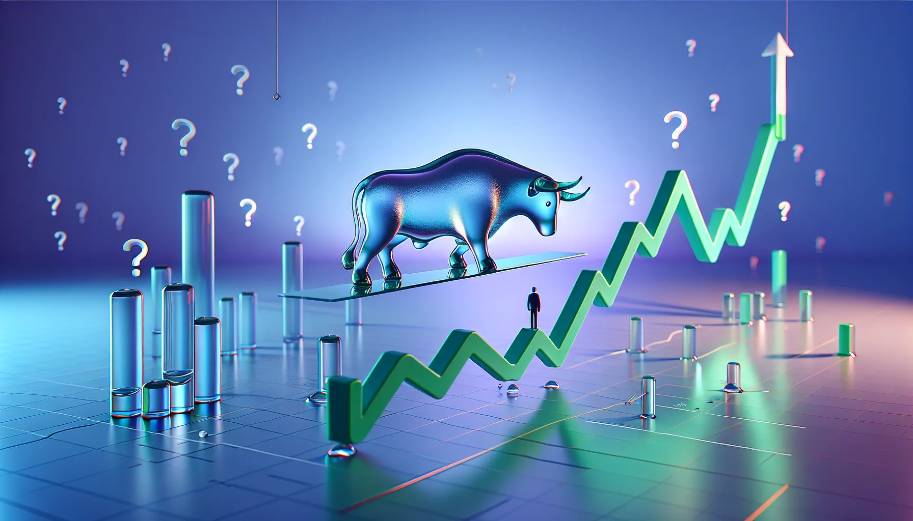 Nervous glass bull tiptoes on tightrope of green chart lines, blue-purple gradient, tiny Elon silhouette on hill.