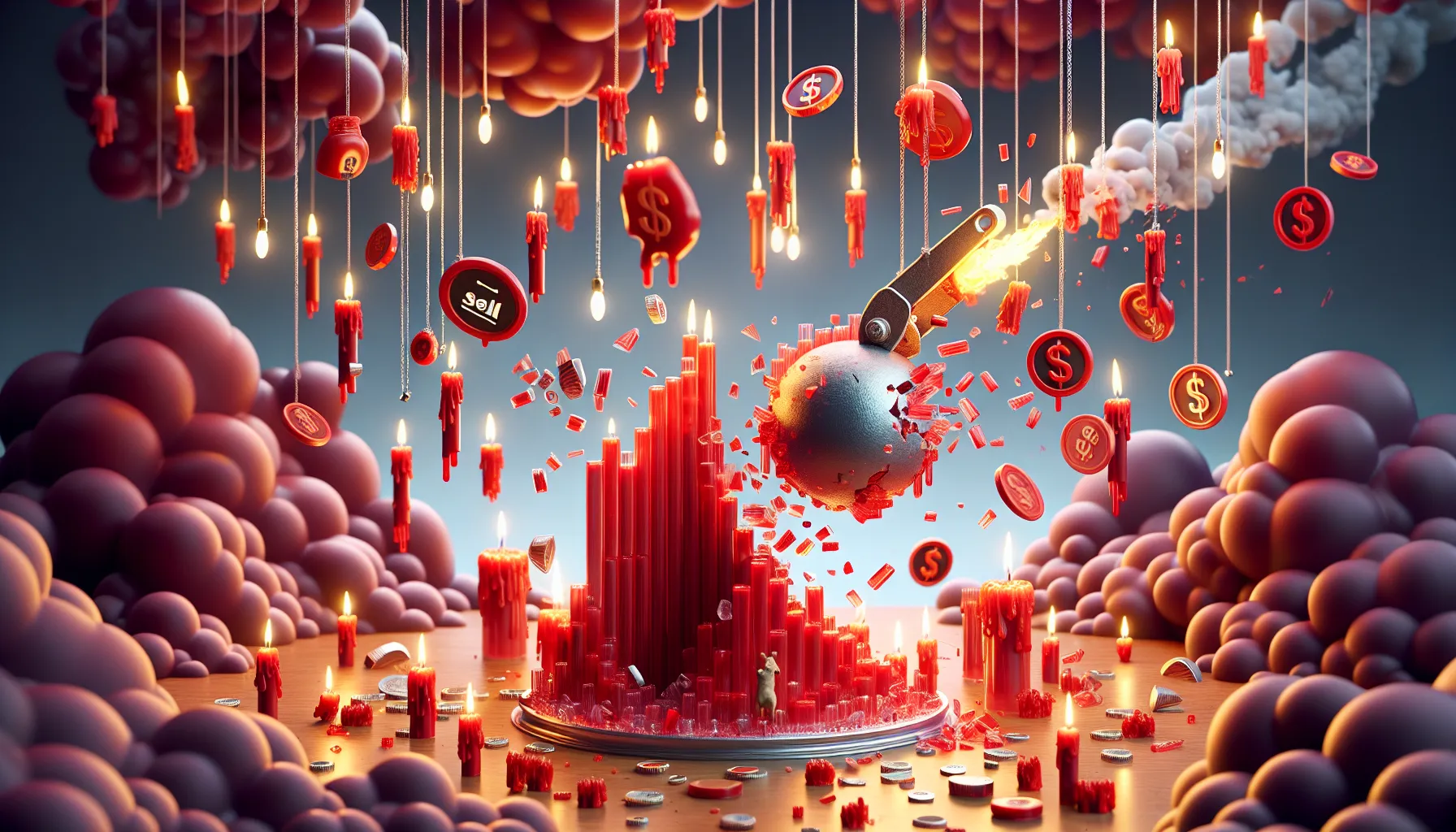 Wrecking ball of red candles topples fragile glass coin tower; stormy red clouds, lightning, glowing 'SELL' button, 'This is fine' dog.