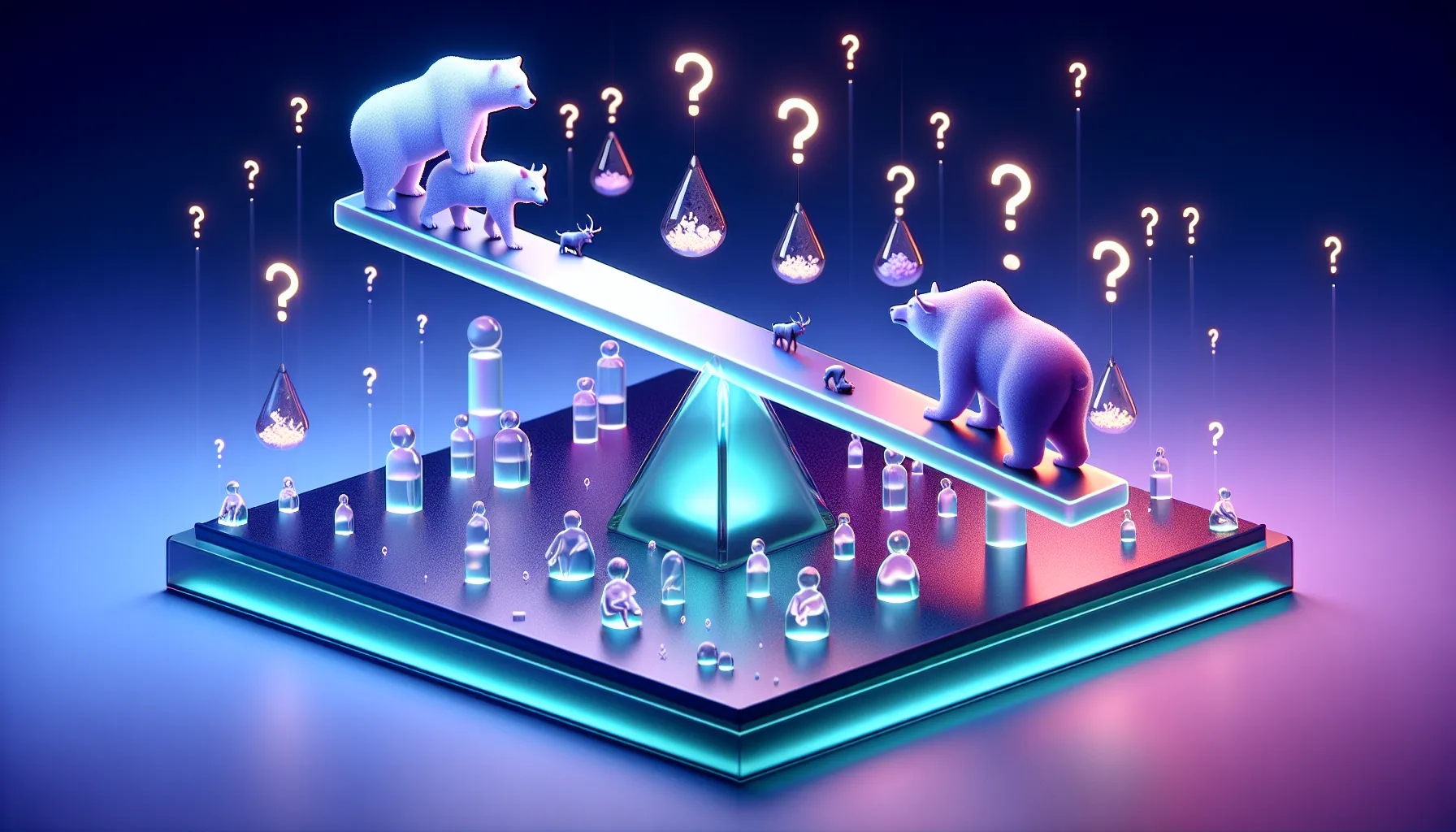 Bears tipping a seesaw, lifting bulls, with investors sliding; 'This is fine' dog in flames, neon lights, blue-purple gradient.