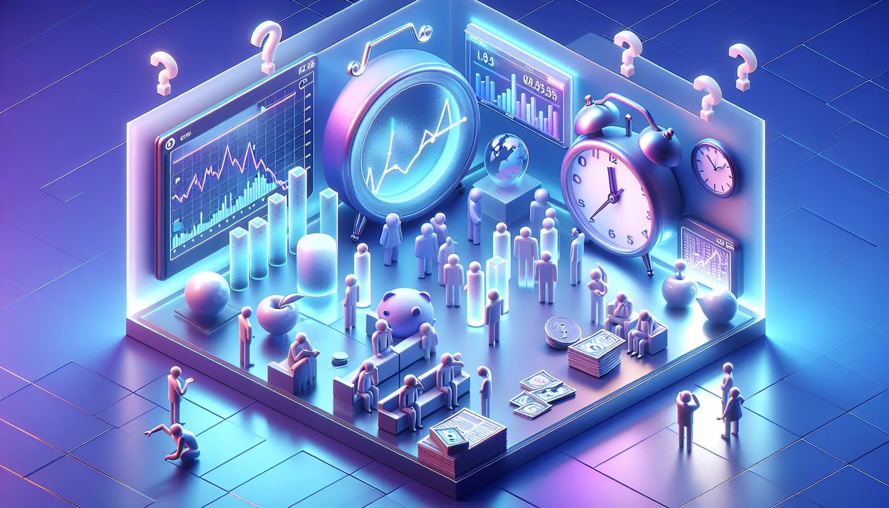3D glassmorphism art of stopped clock, investors tapping watches, frozen market graph, blue-purple gradient, Cramer figure.