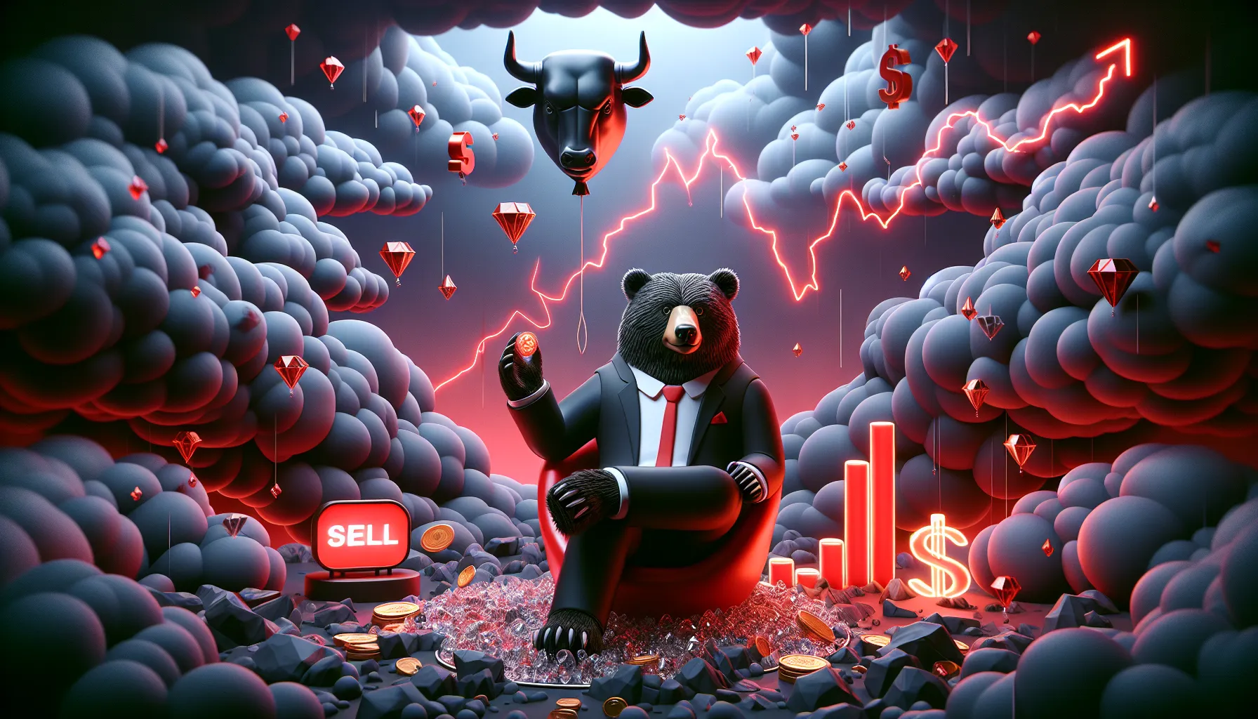 Giant suited bear on deflated bull balloon, stormy red clouds, lightning, glowing 'SELL' button, diamond hands statue.