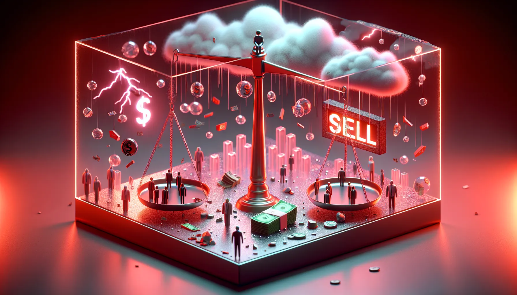 Balance scale tipping towards 'PANIC', sweating investors, stormy red clouds, glowing 'SELL' button, tiny Elon silhouette.