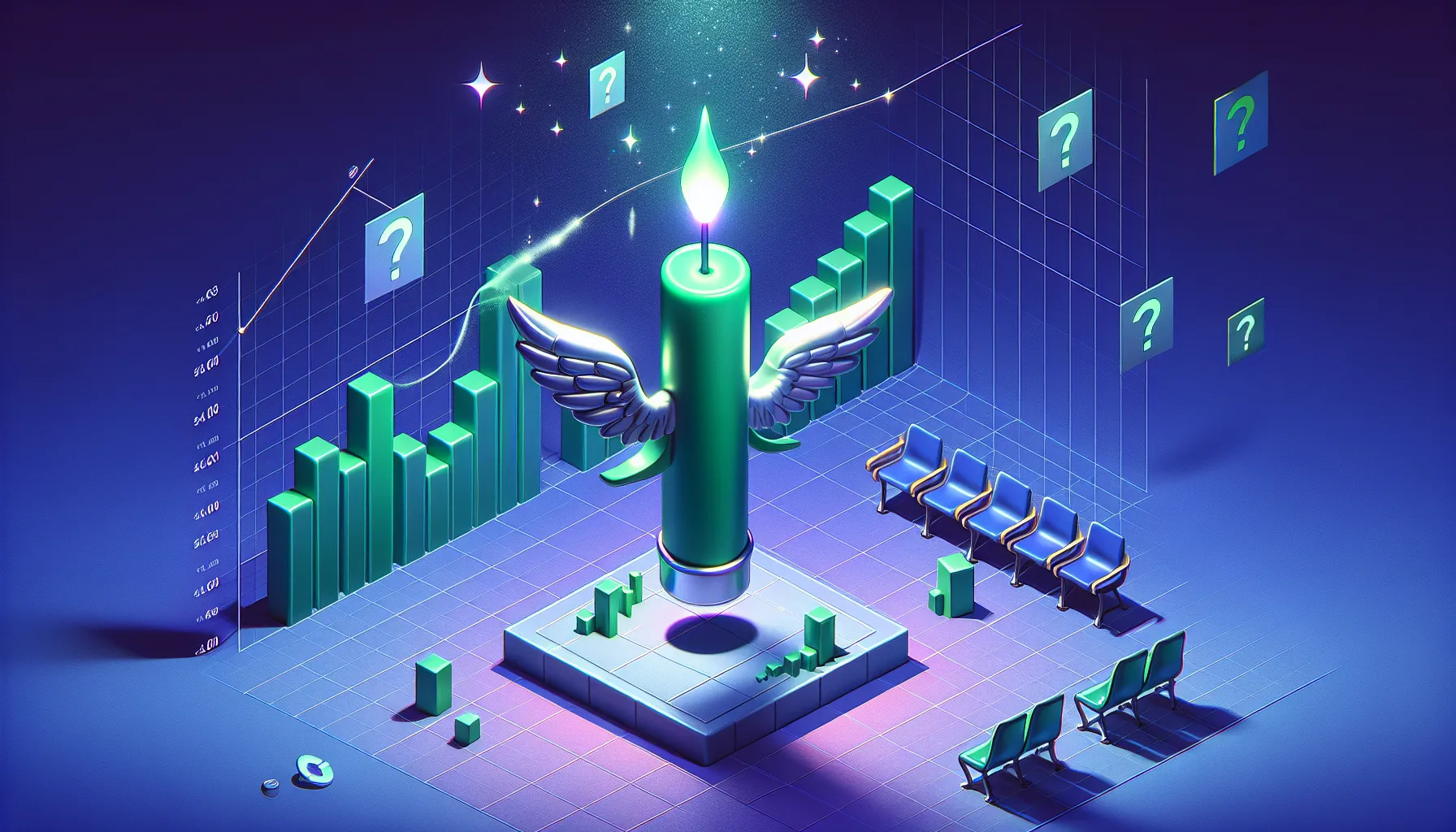 Giant green candlestick with wings takes off from chart lines, sparkles trail. Blue-purple gradient, floating question marks.