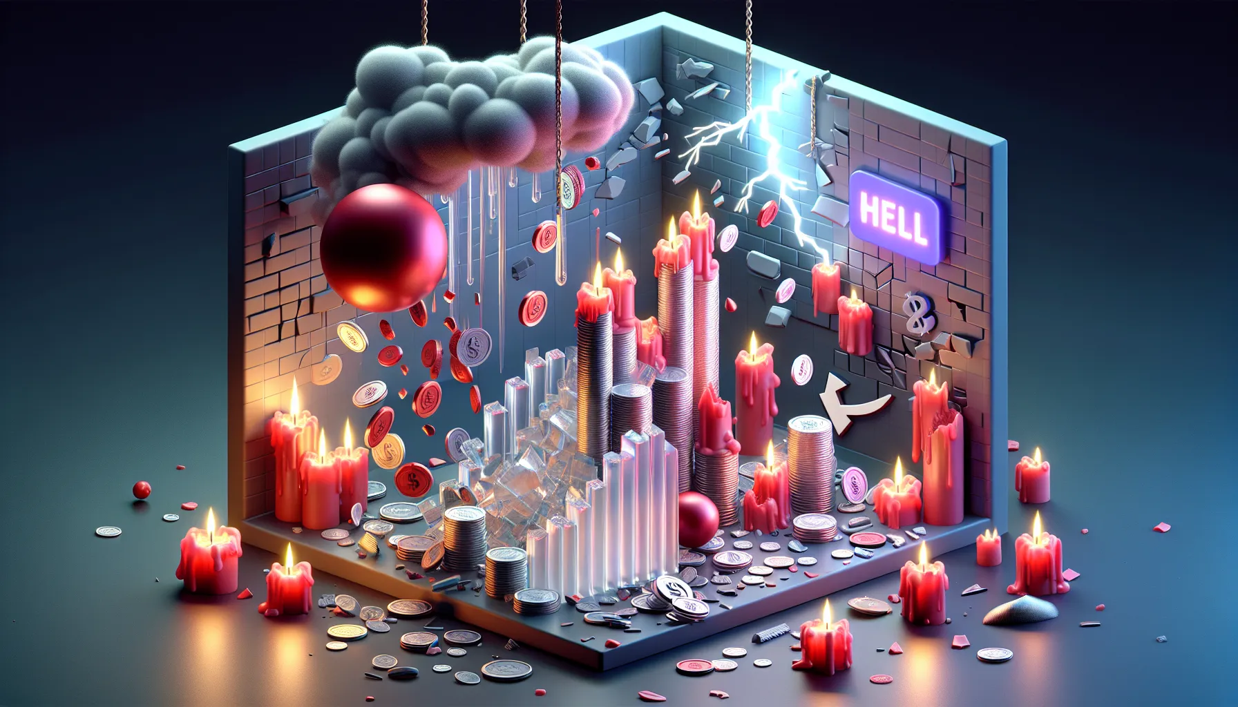 Wrecking ball of red candles topples glass coin tower amid stormy, red-lit chaos; 'SELL' button glows, 'HODL' graffiti visible.