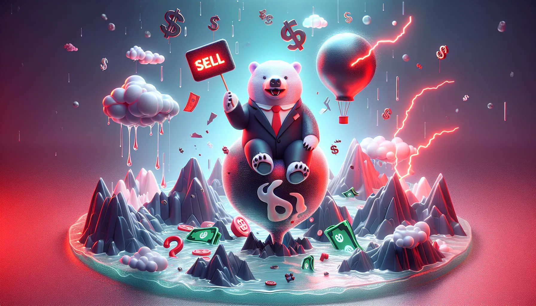 Bear in a suit on deflated bull balloon, stormy red clouds, neon 'SELL' button, lightning hits money symbols, Elon silhouette.
