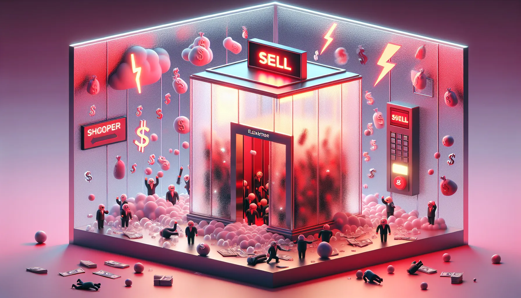 Glass elevator labeled 'STONKS ONLY GO UP' bursts through ceiling amid stormy clouds, cartoon investors partying inside.