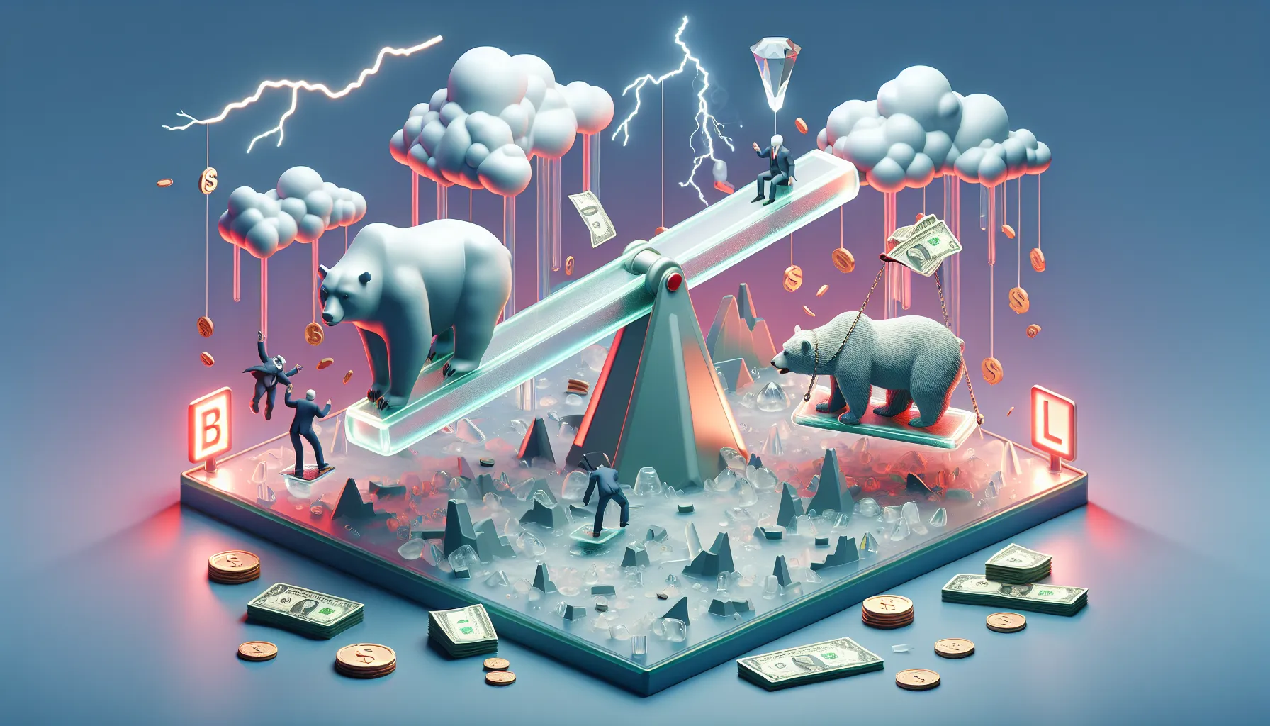 Seesaw with bears lifting bulls, investors sliding; stormy red clouds, lightning, glowing 'SELL' button, diamond hands statue.