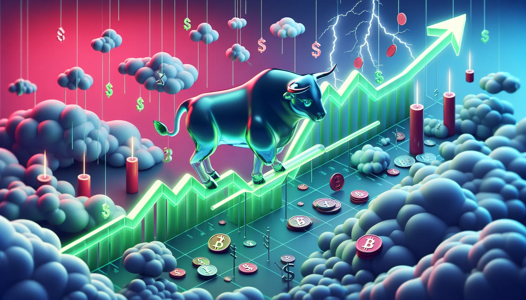 Nervous glass bull on tightrope of rising green chart lines, stormy red clouds, 'SELL' button, 'HODL' graffiti.