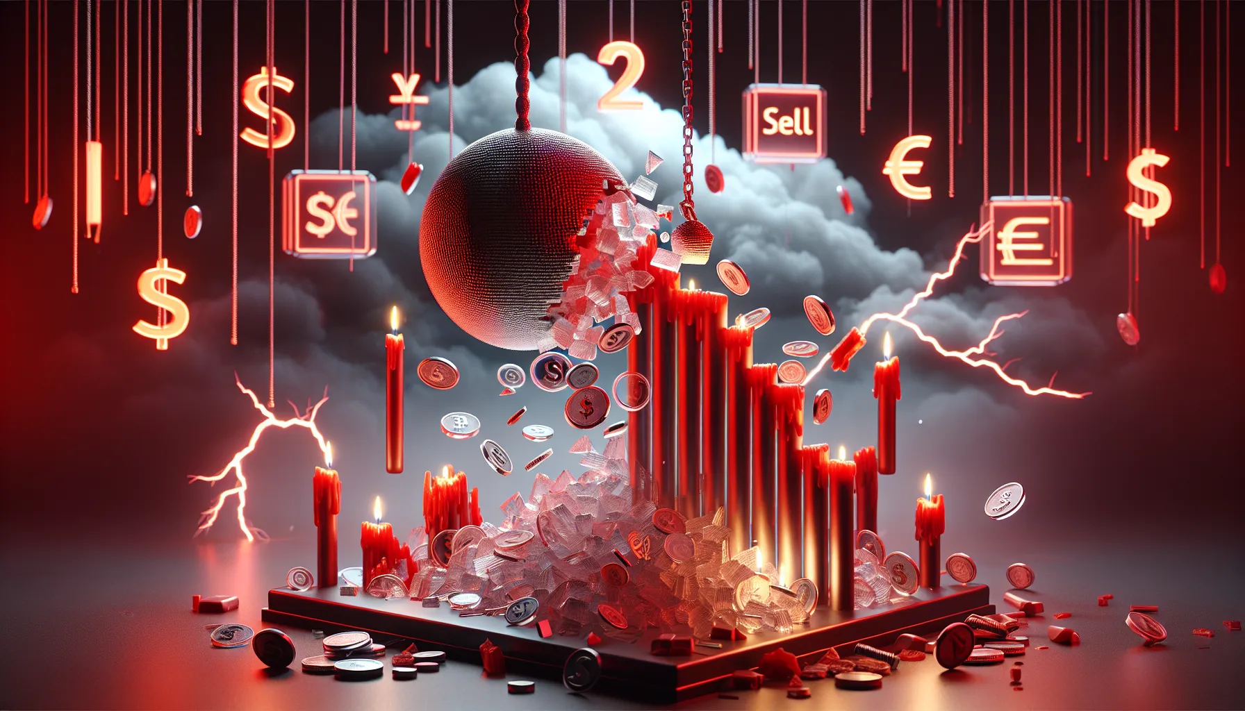 Wrecking ball of red candles topples glass coin tower, stormy red clouds, lightning, glowing 'SELL' button, paper hands emoji.