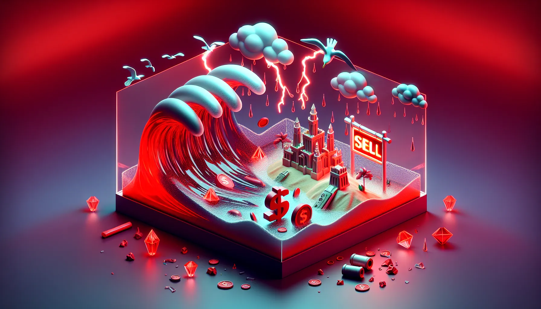 Red glass tsunami labeled 'SELL' washes away 'MY PORTFOLIO' sandcastle; stormy skies, glowing 'SELL' button, diamond hands statue.