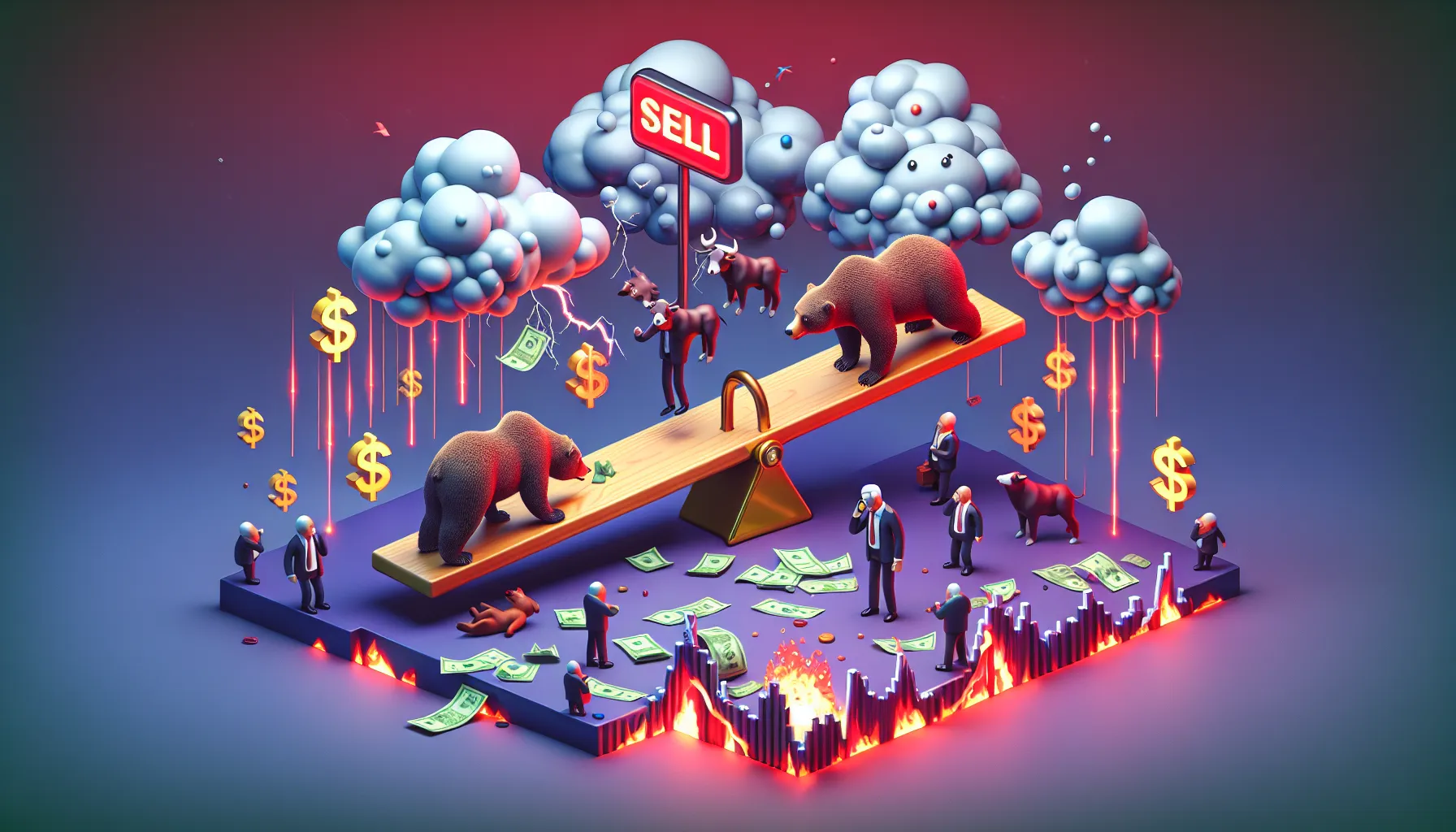 Bears on a seesaw lift confused bulls, investors slide down, stormy clouds, 'SELL' button glows, tiny 'This is fine' dog.