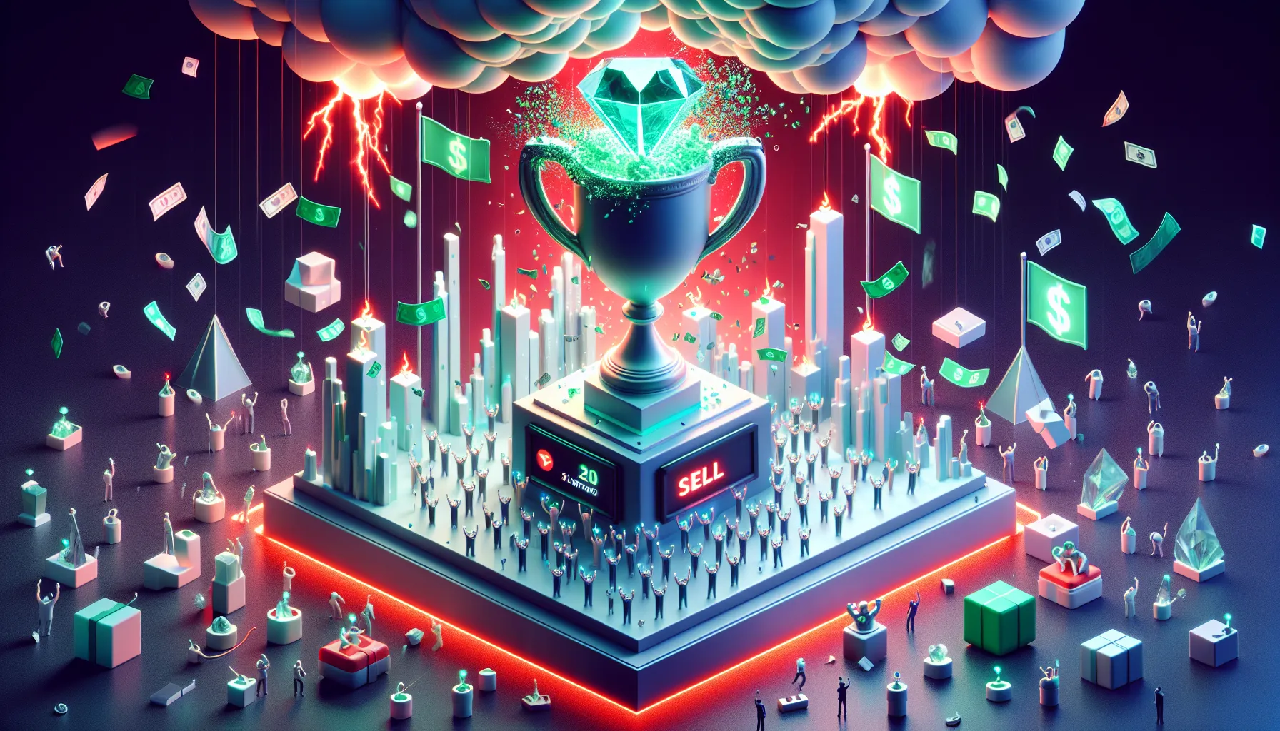 Massive diamond-hands trophy bursts with green confetti, floating investors with phones, stormy red clouds and glowing 'SELL' button.