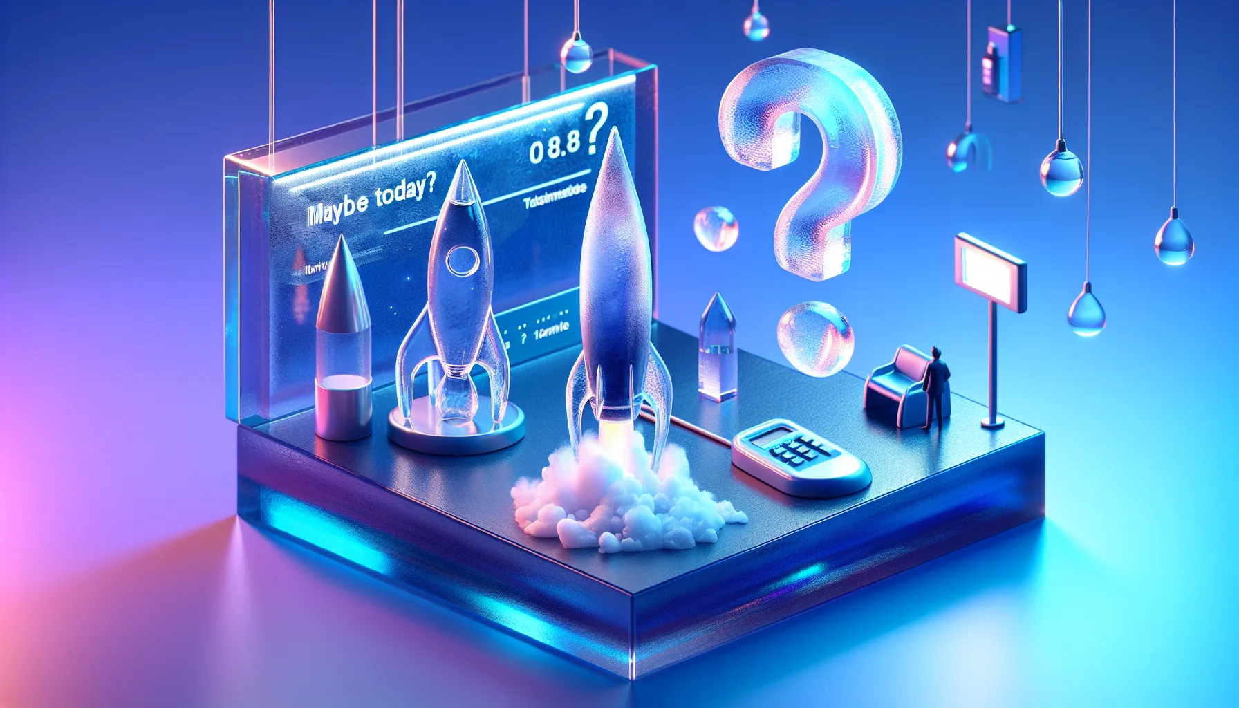 Glass rocket on launch pad, 'MAYBE TODAY?' in ice, smoke rising, blue-purple gradient, JPow figure, floating question marks.