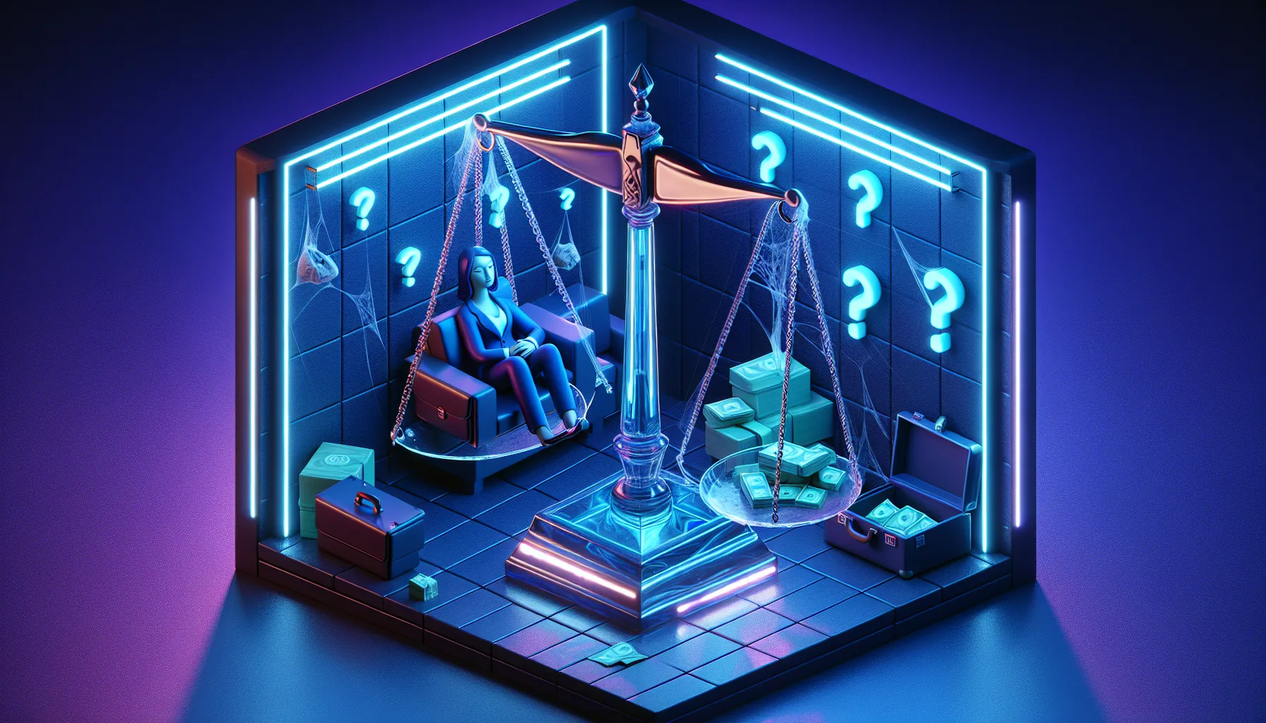 Crystal scale with sleeping investor on briefcase, cobwebs, blue-purple gradient, floating question marks, subtle paper hands emoji.