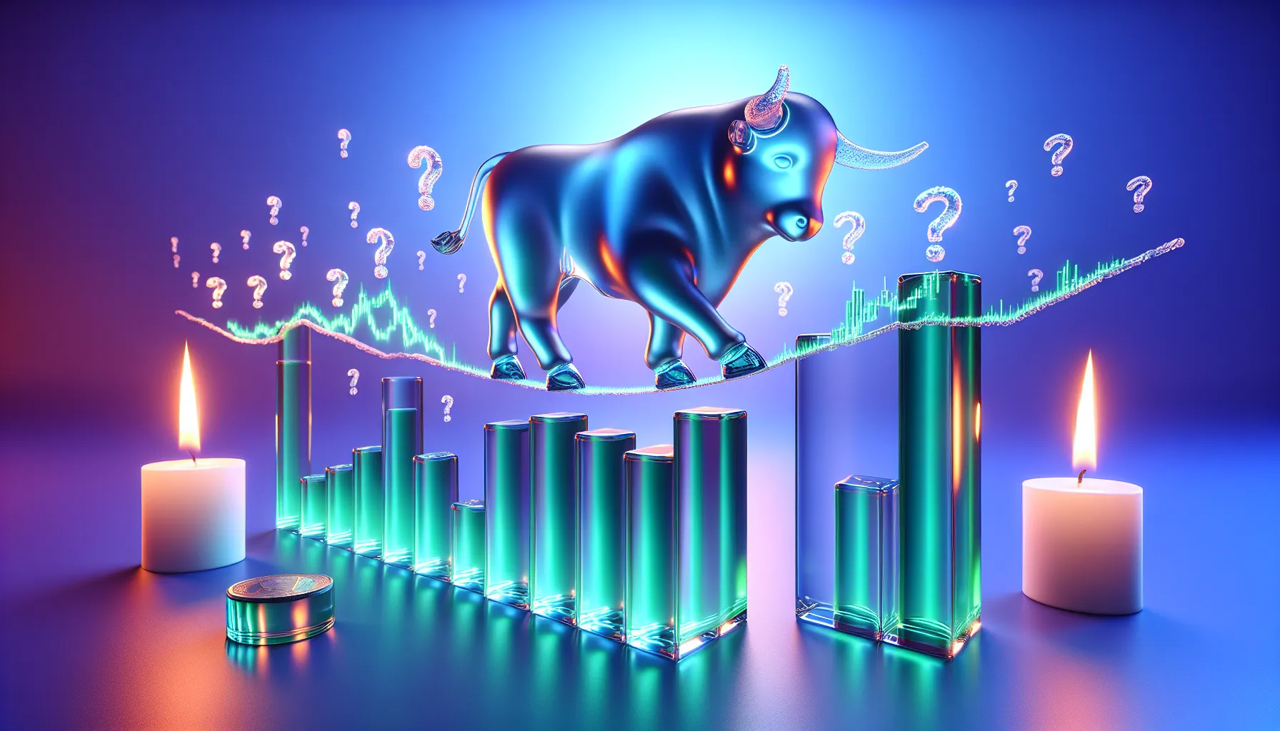 Nervous glass bull on tightrope of green chart lines, blue-purple gradient, with floating question marks, 'This is fine' dog.