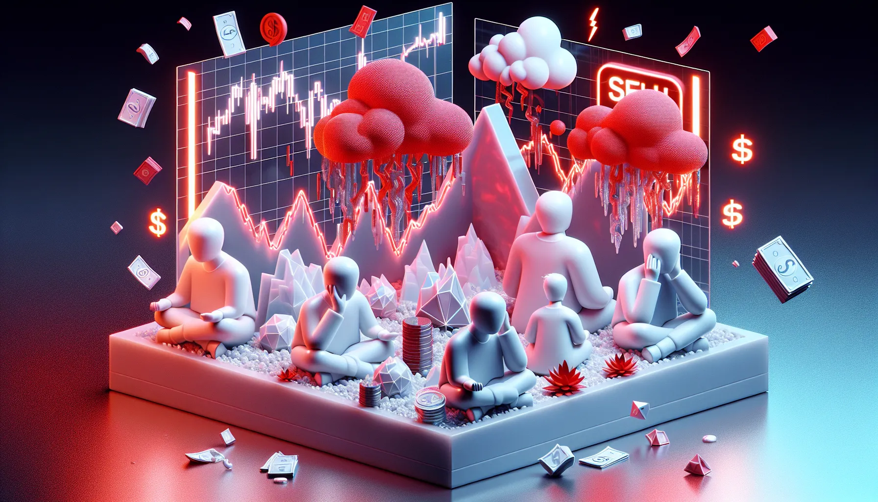 Flat line graph in zen garden with meditating traders, stormy red clouds, glowing 'SELL' button, and Cramer figure face-down.