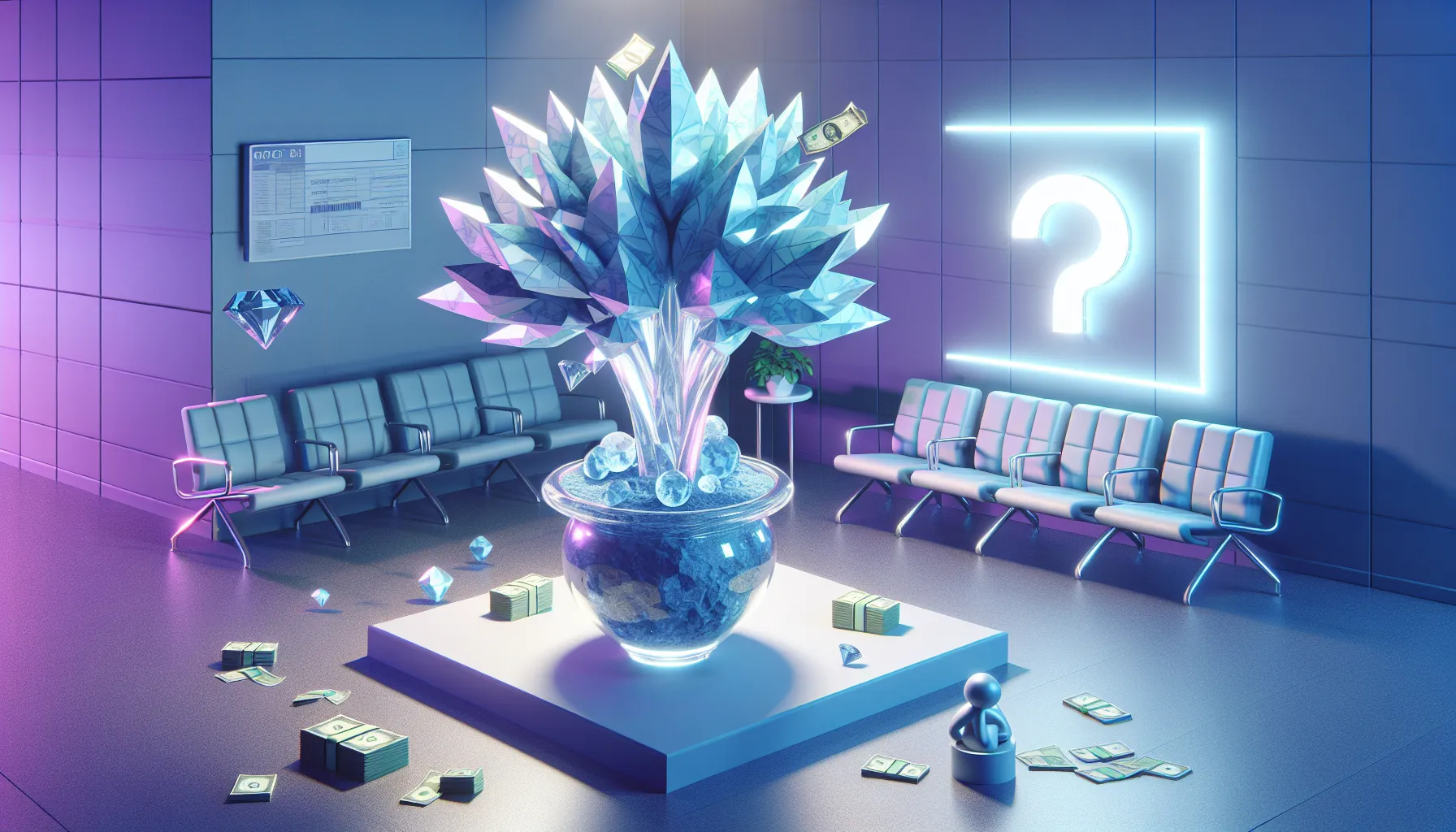 Crystalline money tree with bill leaves, cracking glass pot, blue-purple gradient, floating question marks, diamond hands statue.