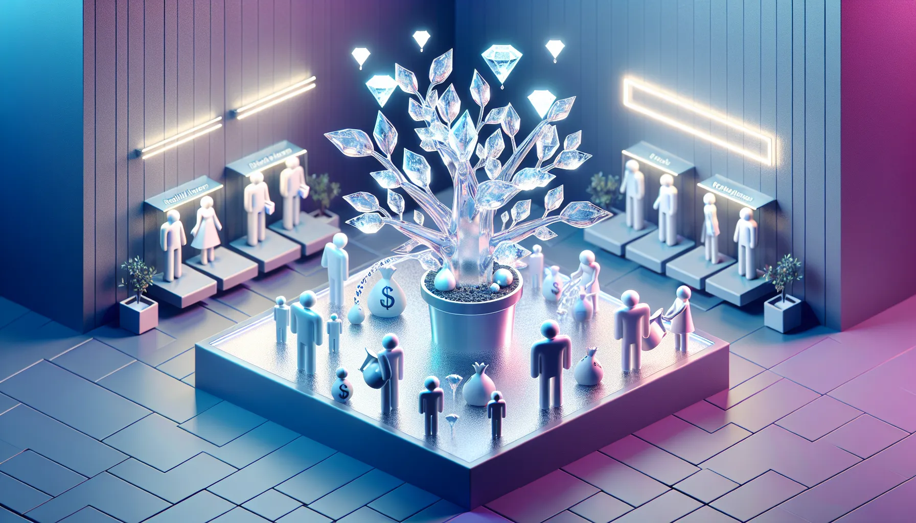 Crystal money tree with cracks, retail investors, neon glow, blue-purple gradient, floating question marks, diamond hands statue.
