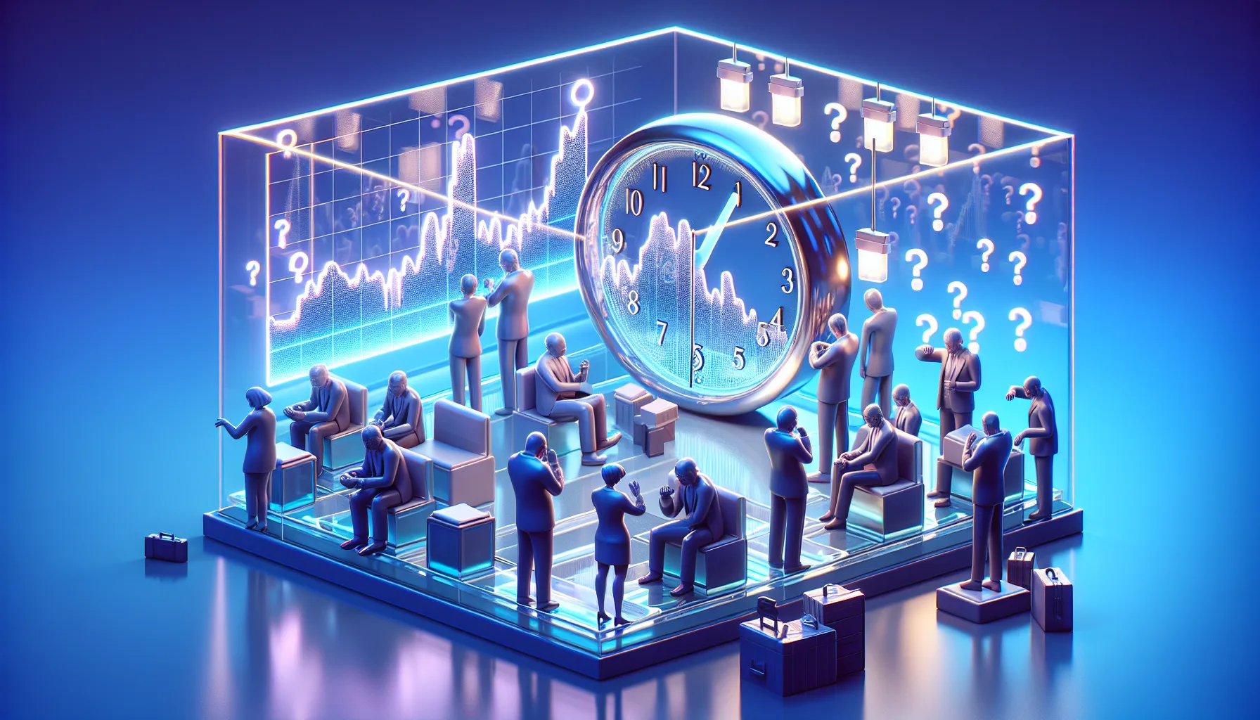 Translucent clock with stopped hands, frustrated investors tapping watches, frozen market graph, blue-purple gradient.