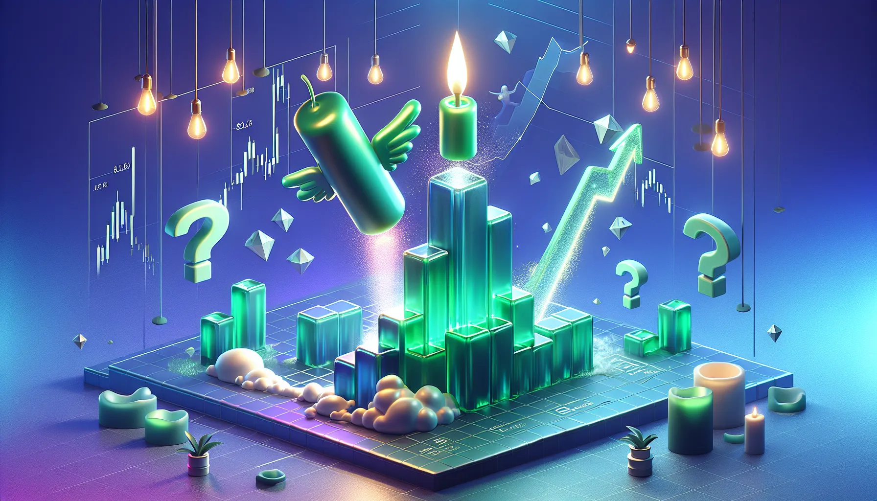Giant green candlestick with wings ascends from chart lines; floating question marks, blue-purple gradient, diamond hands statue.