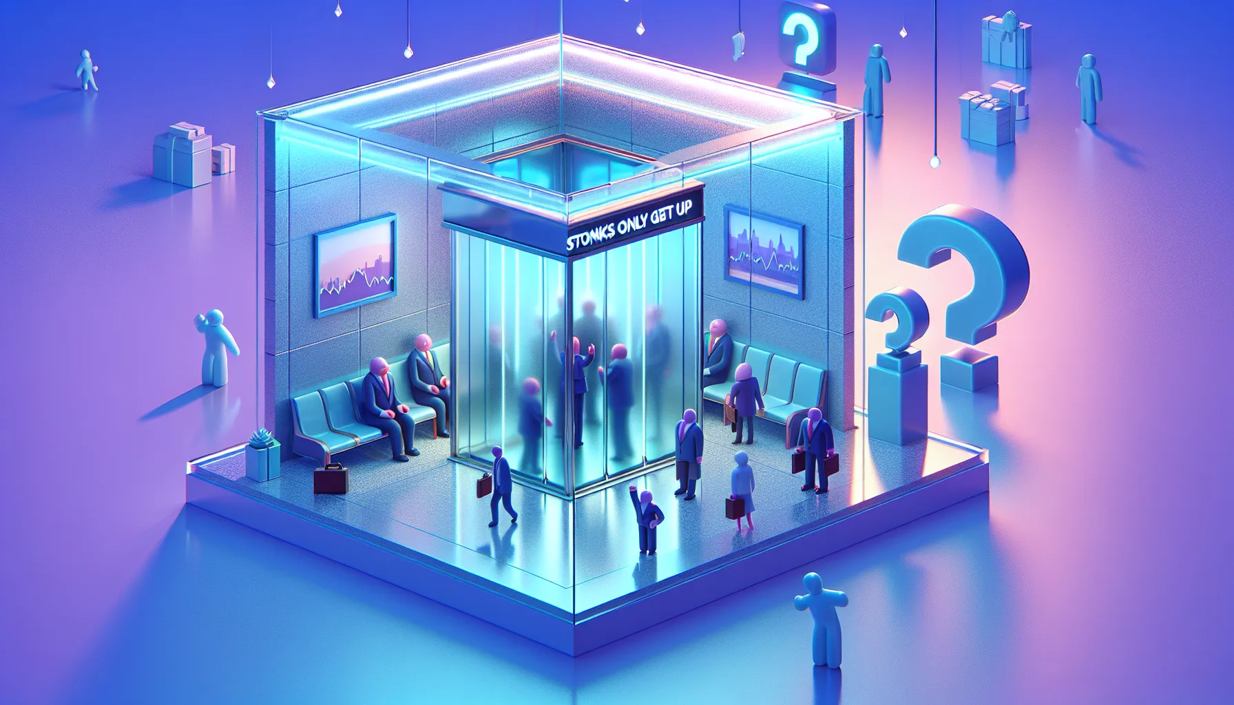 Glass elevator labeled 'STONKS ONLY GO UP' bursts ceiling amid cartoon investors in neon-lit, glassmorphism style.
