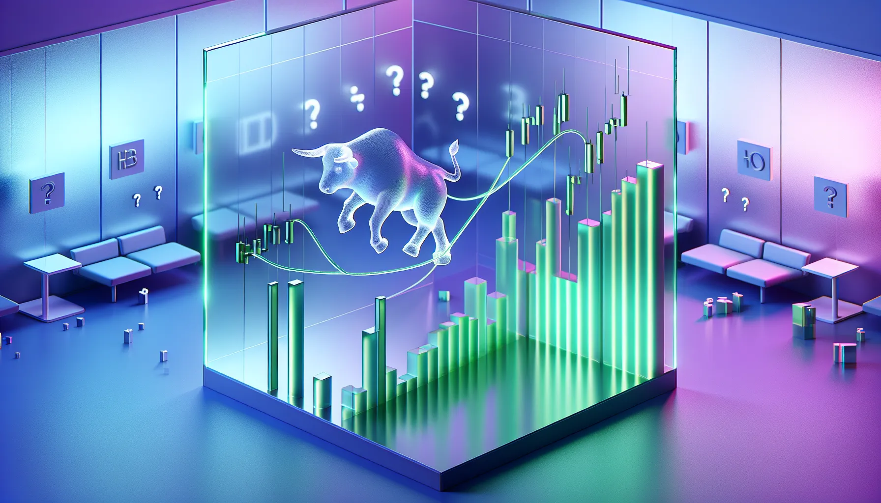 Glass bull on tightrope of green chart lines, nervous expression, blue-purple gradient, floating question marks, HODL graffiti.