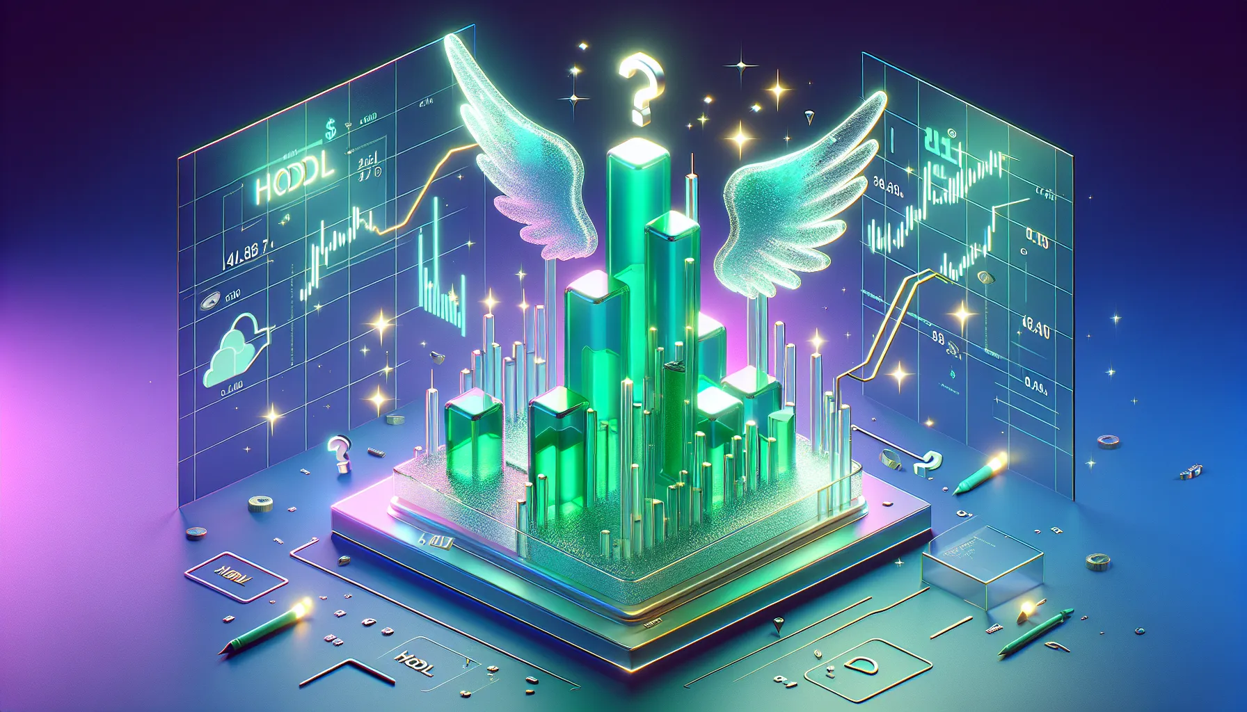 Giant green candlestick with wings lifting from launch pad of chart lines, sparkles trail, blue-purple gradient, 'HODL' graffiti.