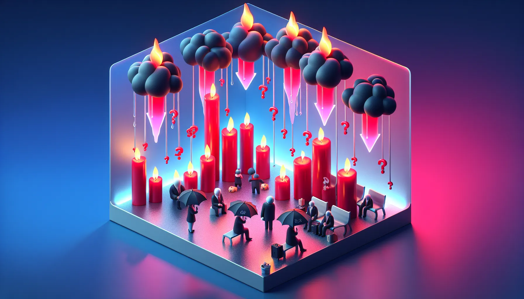 Red candles rain from dark clouds as worried investors with 'HOPE' umbrellas stand below, set in a glassmorphism style.