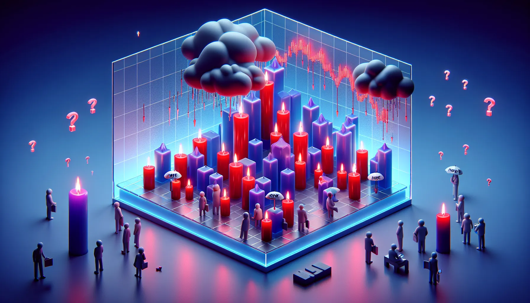 Red candles rain from dark clouds, tiny investors with 'HOPE' umbrellas, blue-purple gradient, Elon silhouette in distance.
