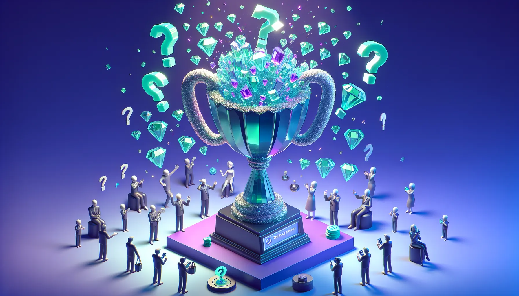 Diamond-hands trophy exploding with green confetti, cheering investors with phones, JPow figure in distance, glassmorphism style.