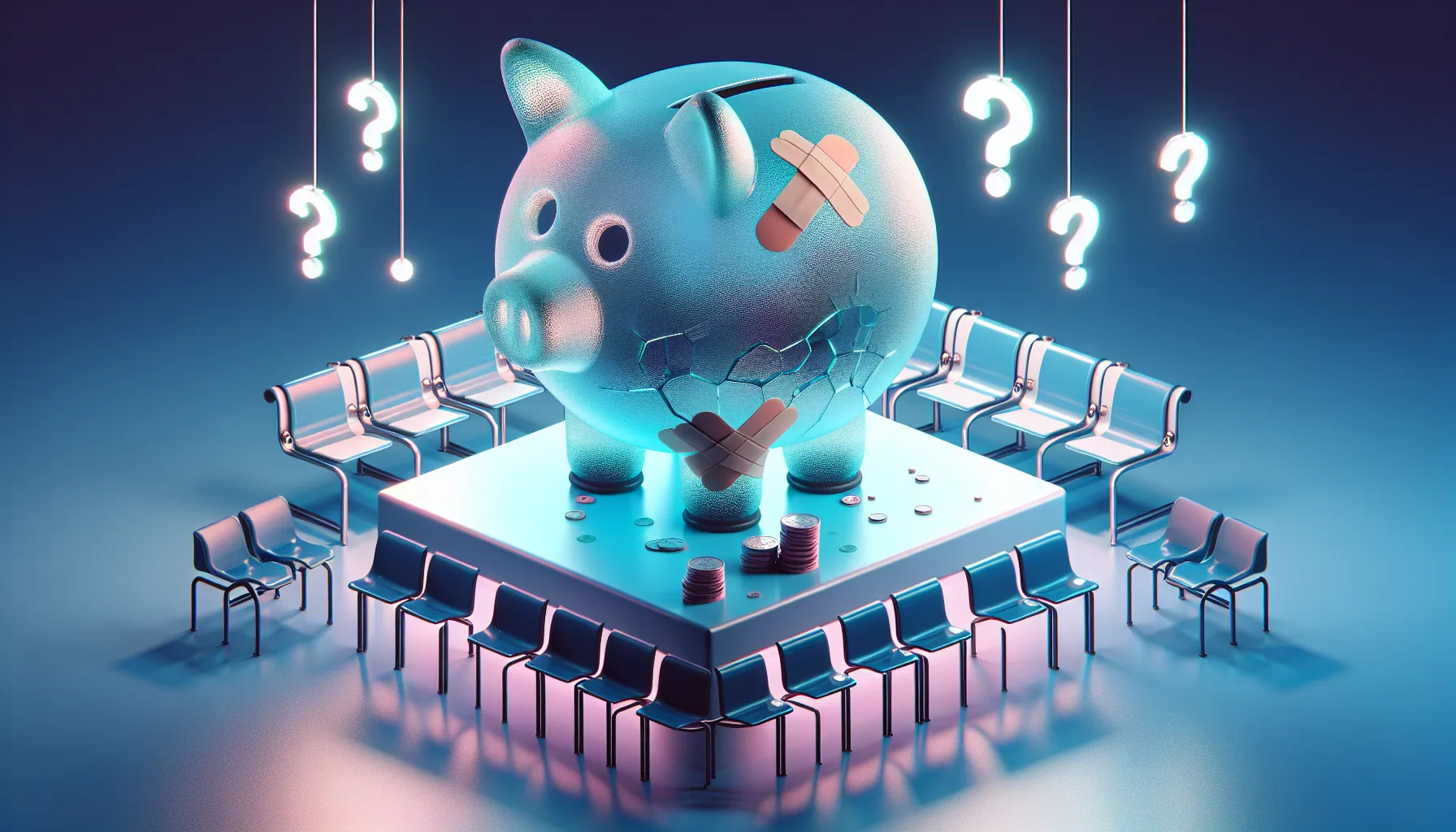 Glass piggy bank with cracks and coins leaking, band-aids, blue-purple gradient, miniature JPow, floating question marks.