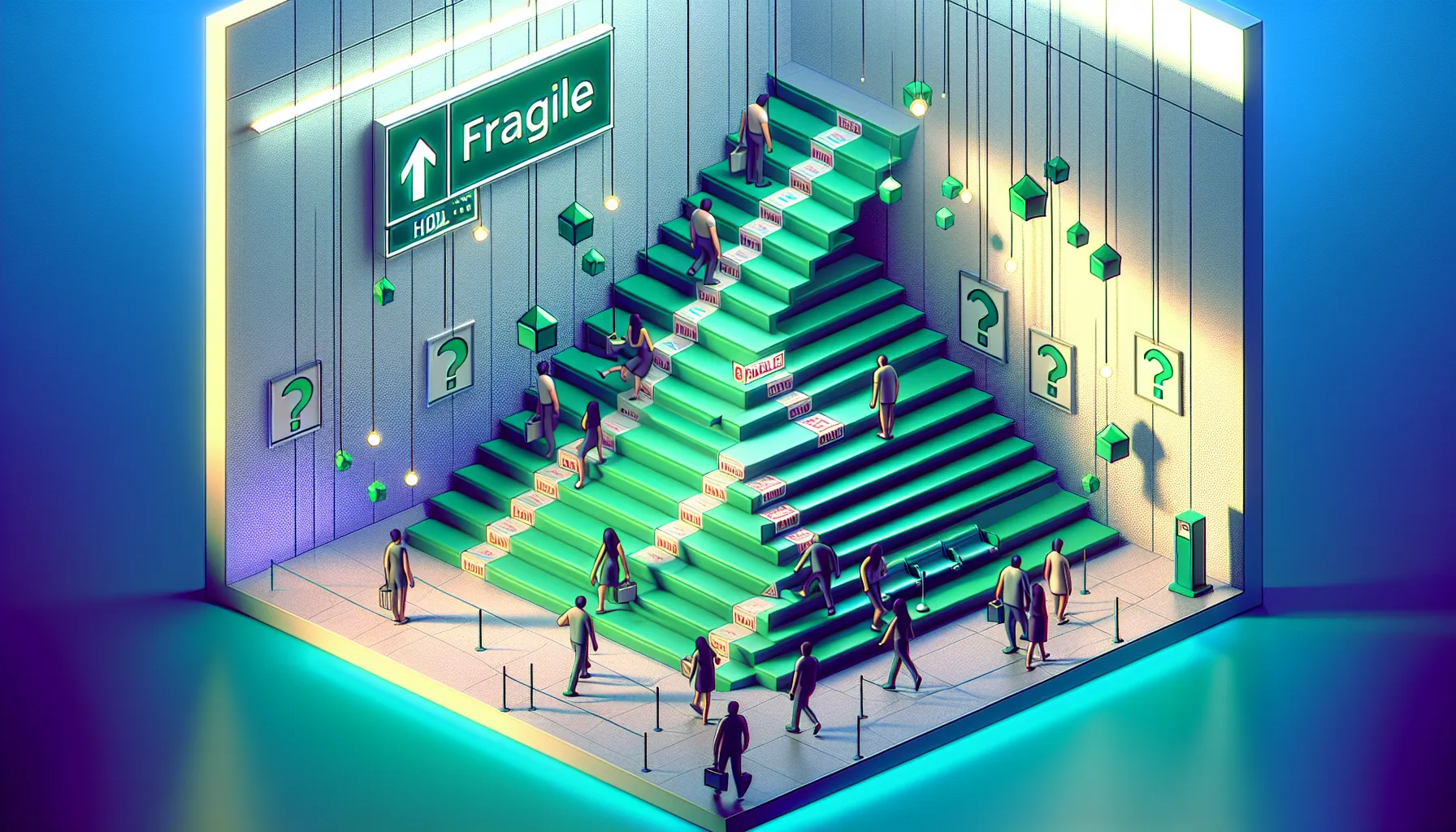 Green arrow stairs labeled 'FRAGILE' with nervous climbers, blue-purple gradient, floating question marks, 'HODL' graffiti.