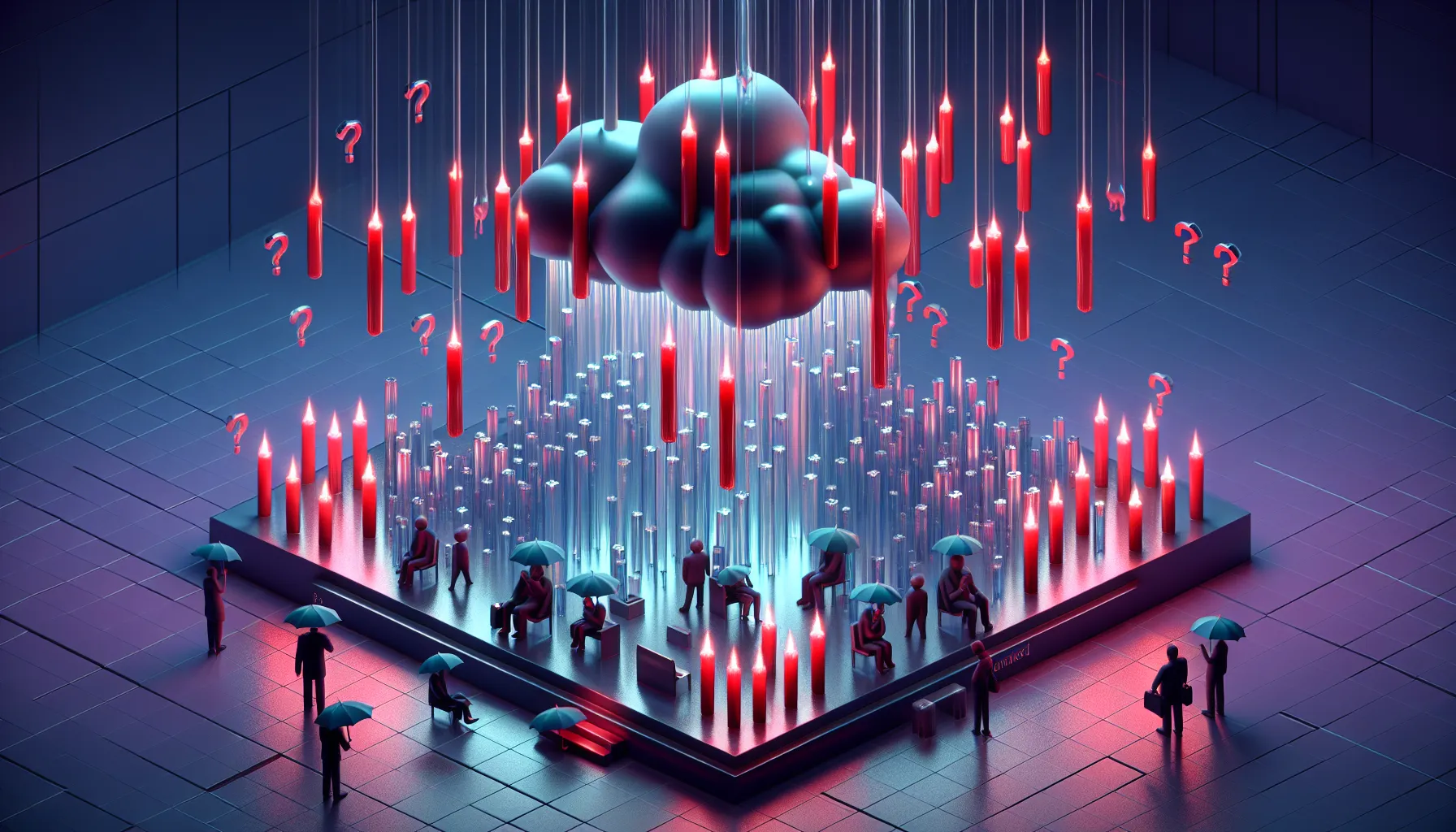 Red candles fall like arrows from dark clouds; investors with 'HOPE' umbrellas. JPow figure in background, blue-purple gradient.