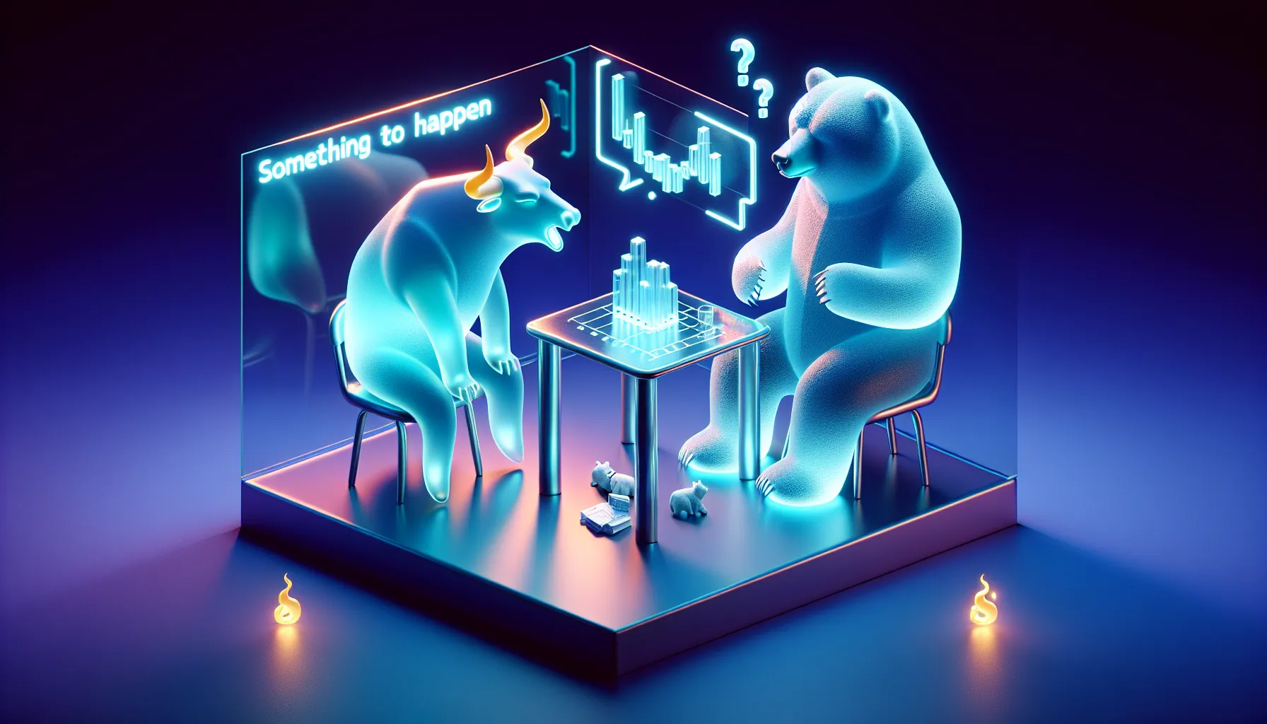 Bulls and bears play cards on a chart table, yawning under 'SOMETHING TO HAPPEN' sign, with 'This is fine' dog in flames nearby.