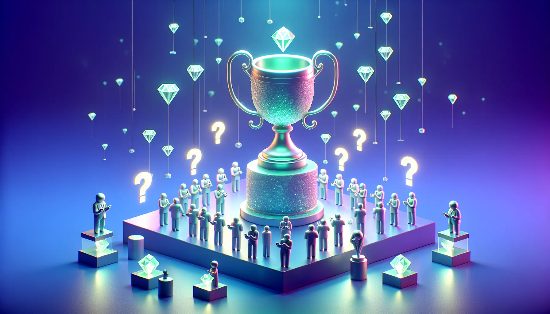 Diamond-hands trophy exploding with green confetti, cheering retail investors, floating question marks, tiny Elon silhouette.