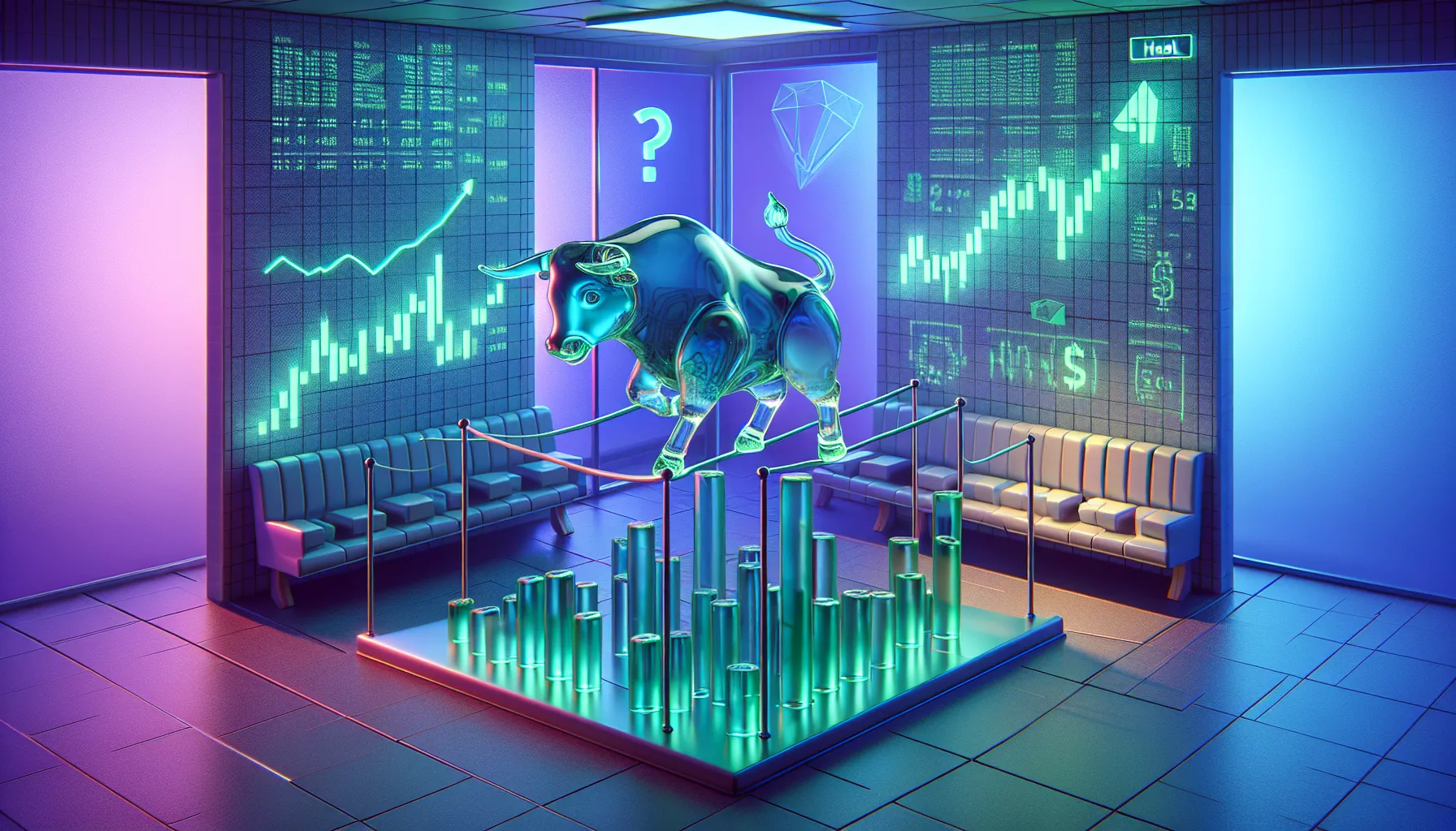 Nervous glass bull tiptoeing on tightrope of green chart lines, surrounded by floating question marks, 'HODL' graffiti subtly visible.
