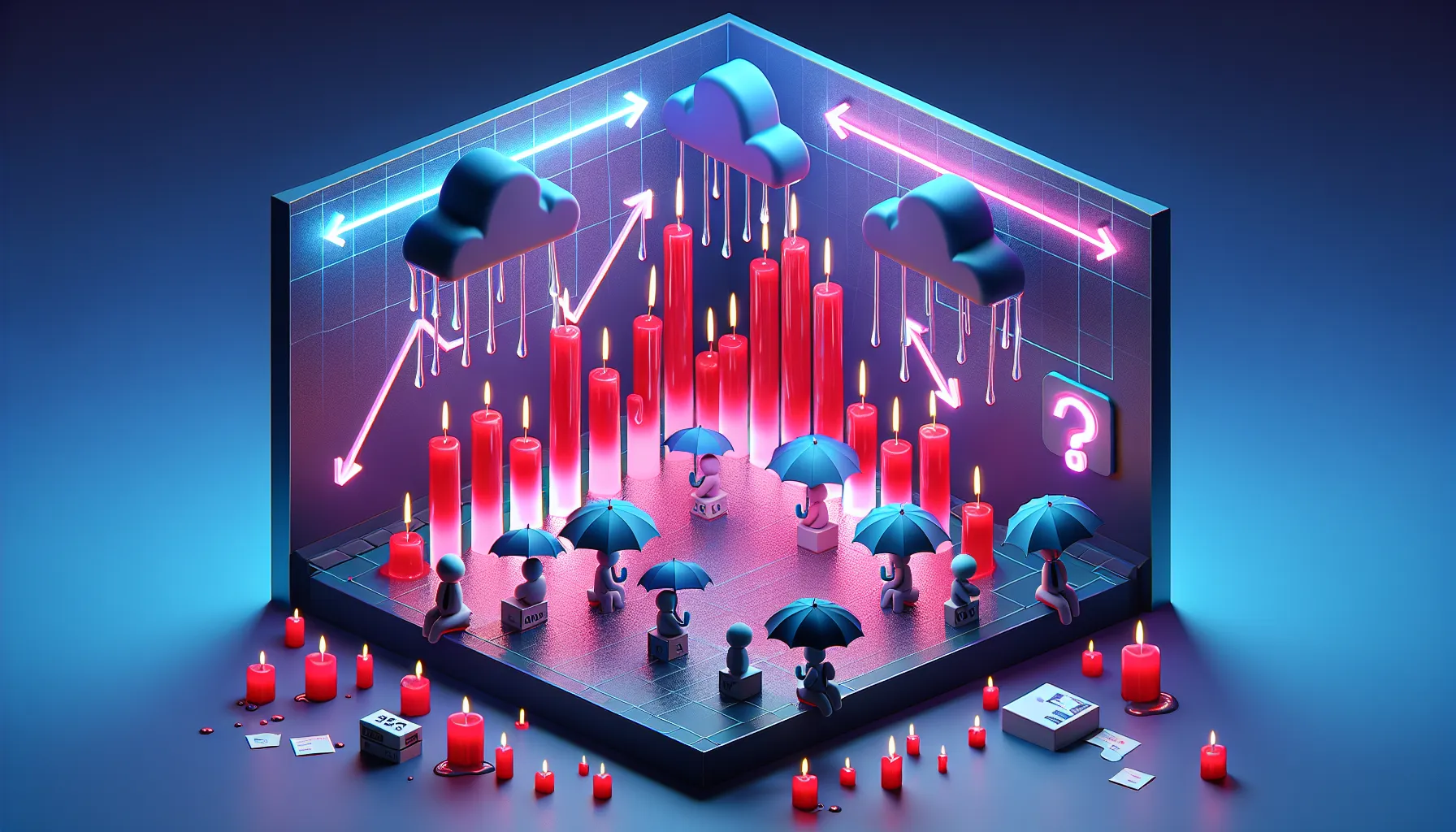 Red candles rain from dark clouds as worried investors with 'HOPE' umbrellas stand amidst a blue-purple gradient atmosphere.