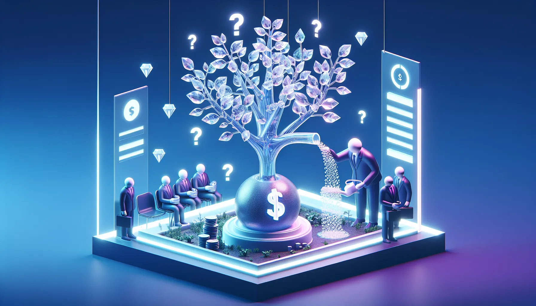 Translucent crystal money tree with cracks, retail investors watering it, floating question marks, diamond hands statue.