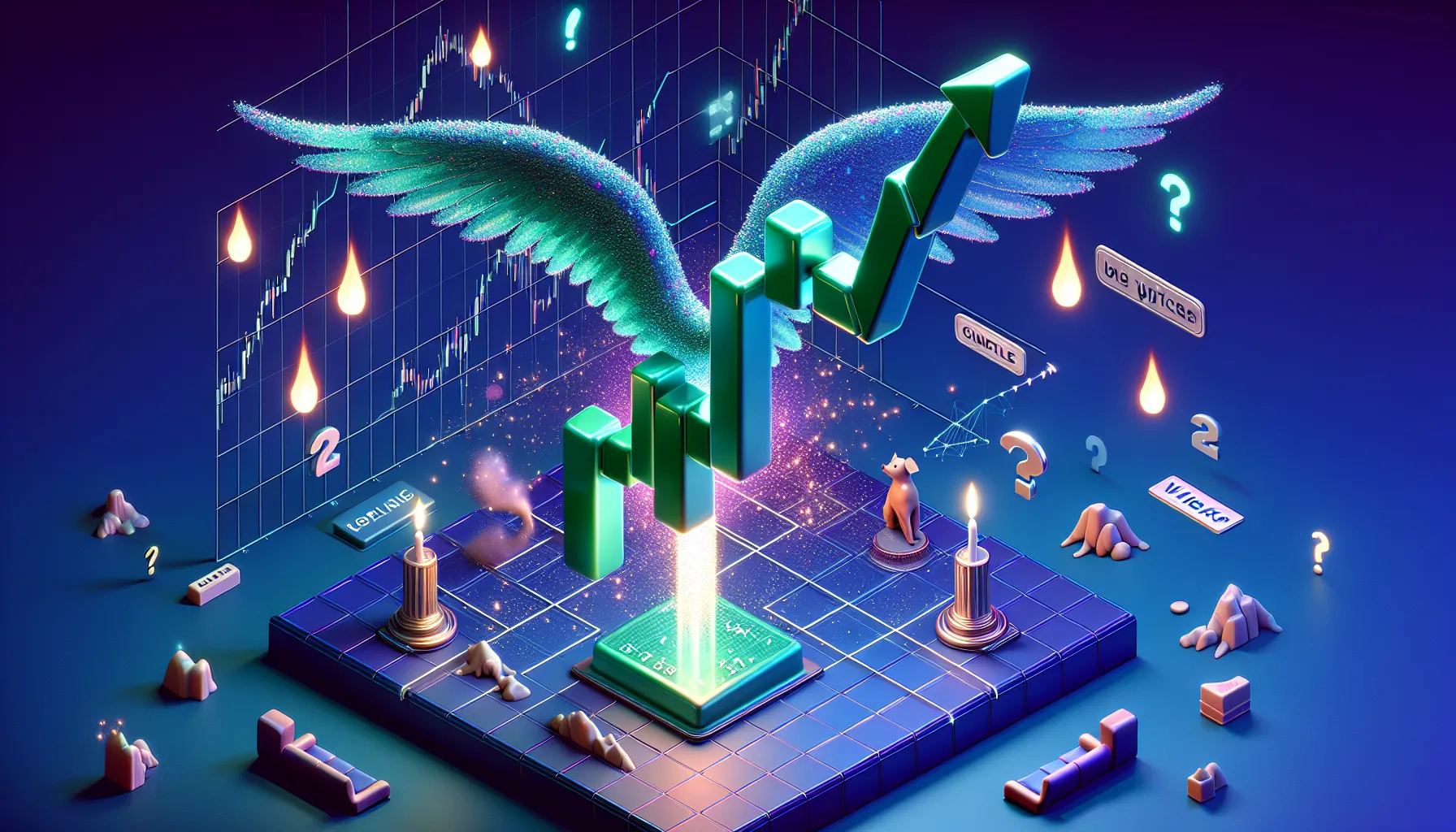 Giant green candlestick with wings launching from chart lines, blue-purple gradient, floating question marks, tiny 'This is fine' dog.