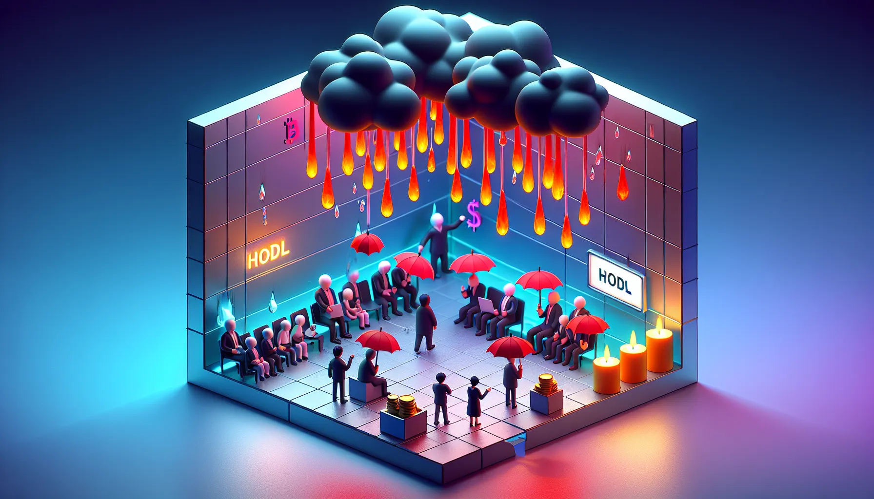 Red candles fall from dark clouds as arrows, investors with 'HOPE' umbrellas, blue-purple gradient, 'HODL' graffiti.