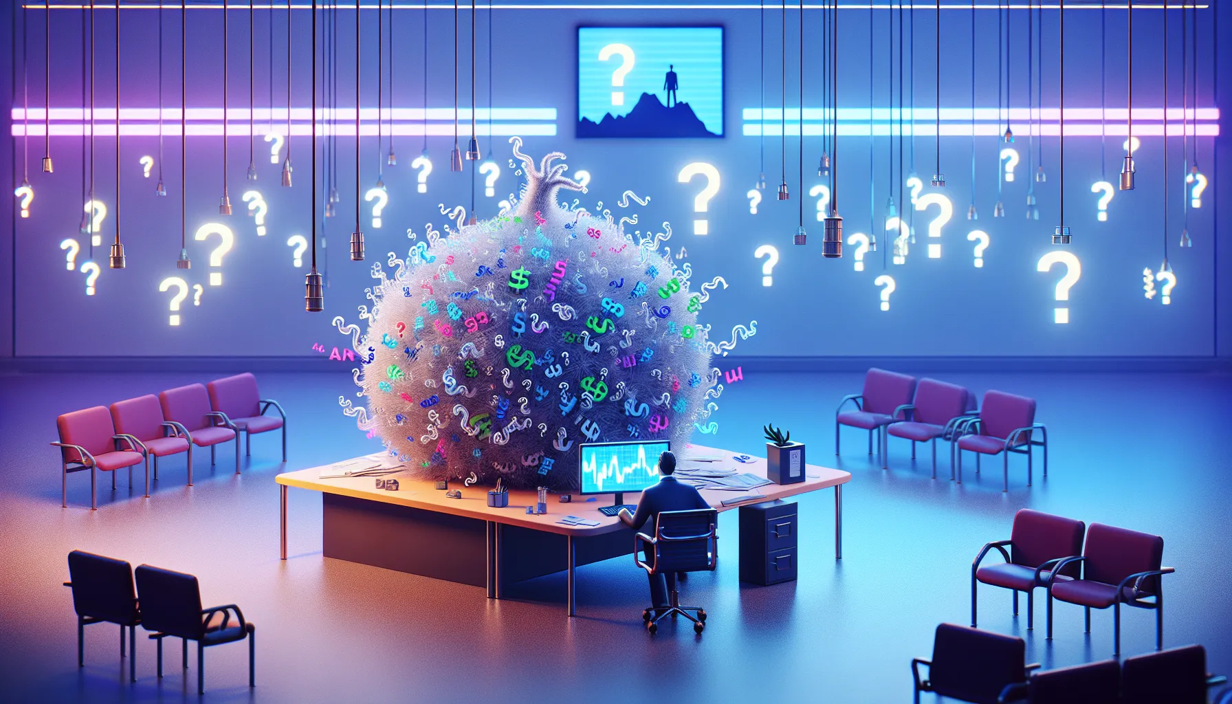 Tumbleweed of ticker symbols on empty trading floor, single trader, blank screen, floating question marks, Elon silhouette.