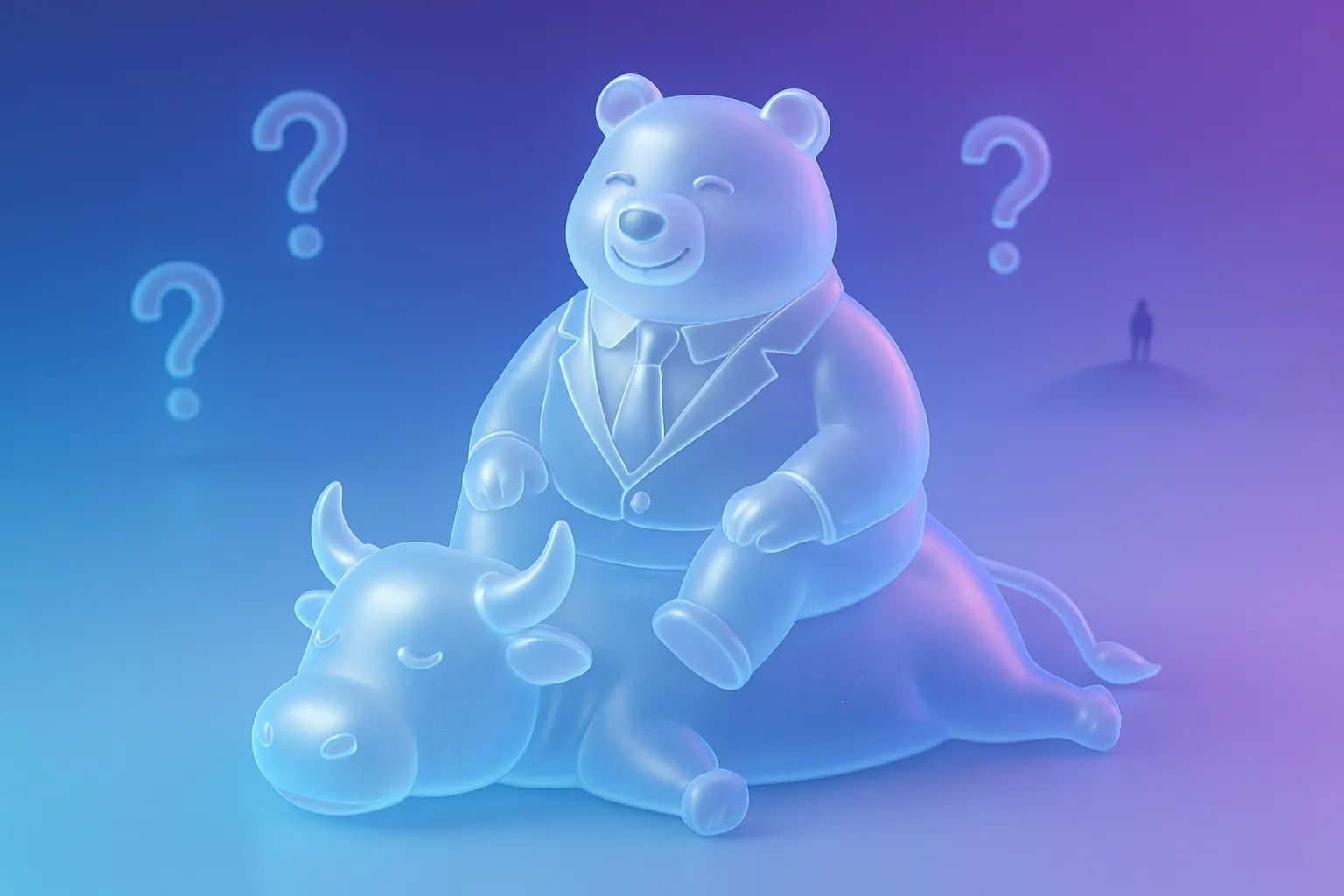 Giant bear in a suit on deflated bull balloon, blue-purple gradient, floating question marks, tiny Elon silhouette on hill.