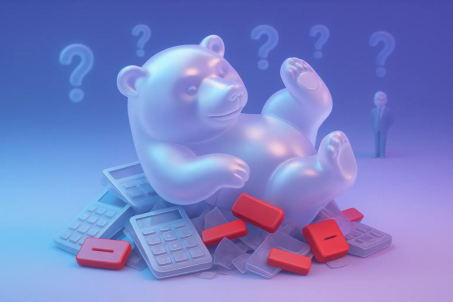 Glass bear playfully rolls over cracked calculators, red negatives; blue-purple gradient, JPow figure in background.