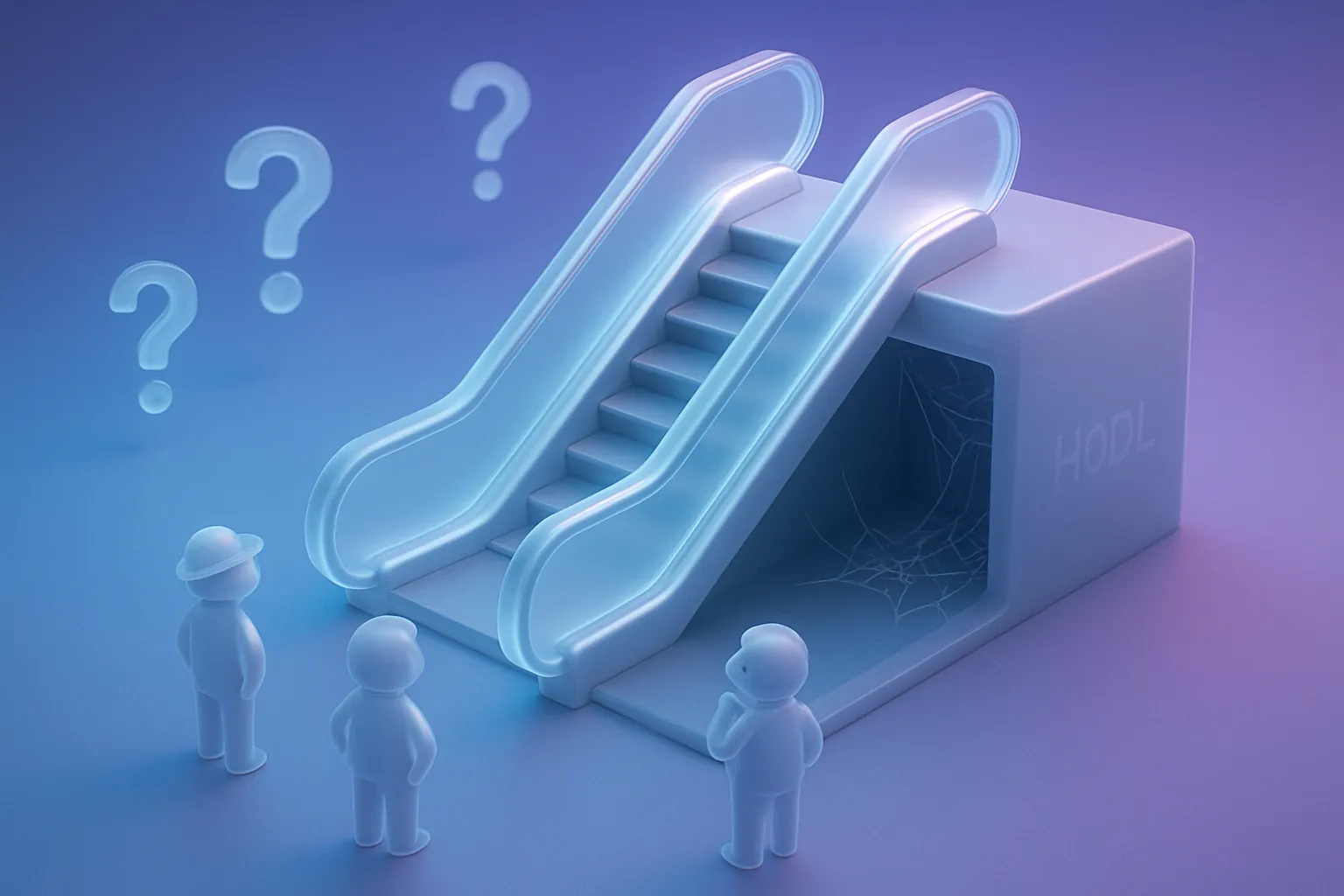Tiny investors confused by a massive downward escalator, with a blue-purple gradient, floating question marks, and 'HODL' graffiti.